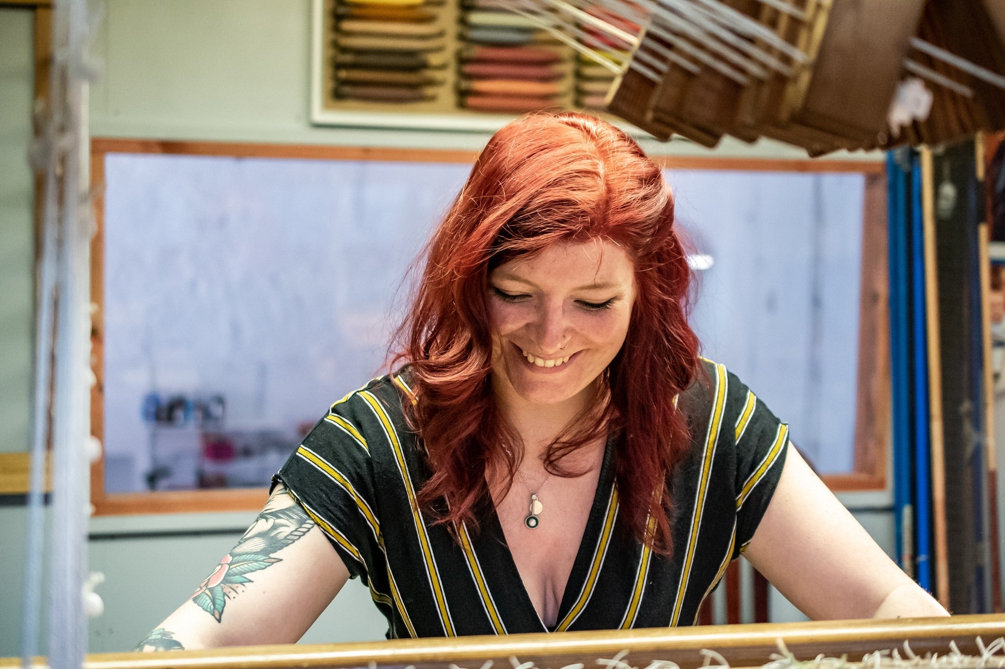 Charlotte Hand Weaving her British Wool Accessories