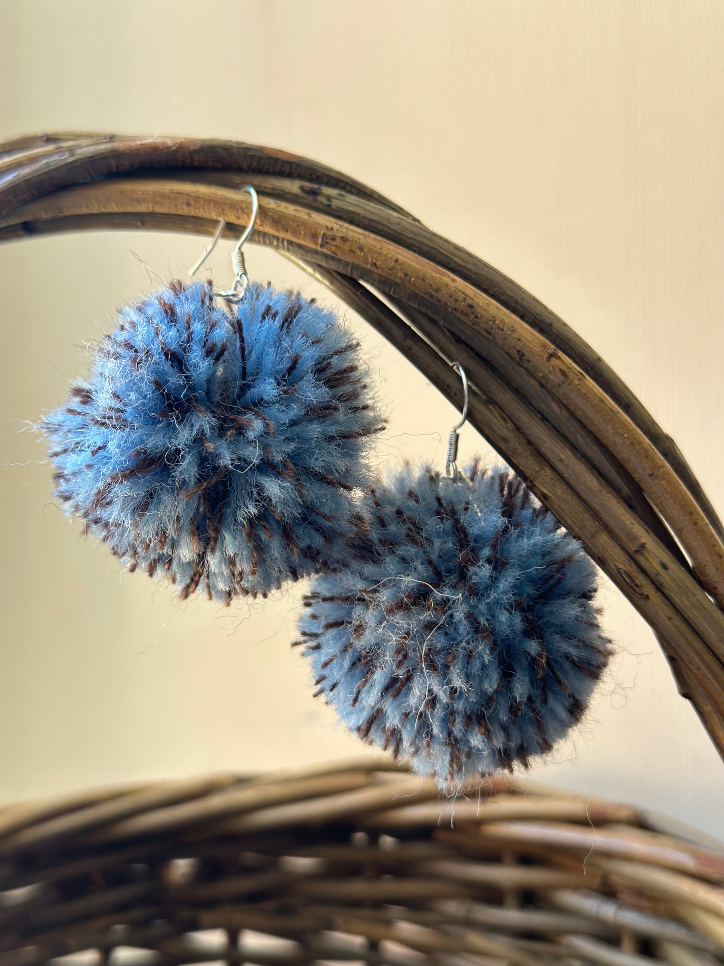 Blue & Brown Pom-Pom Earrings