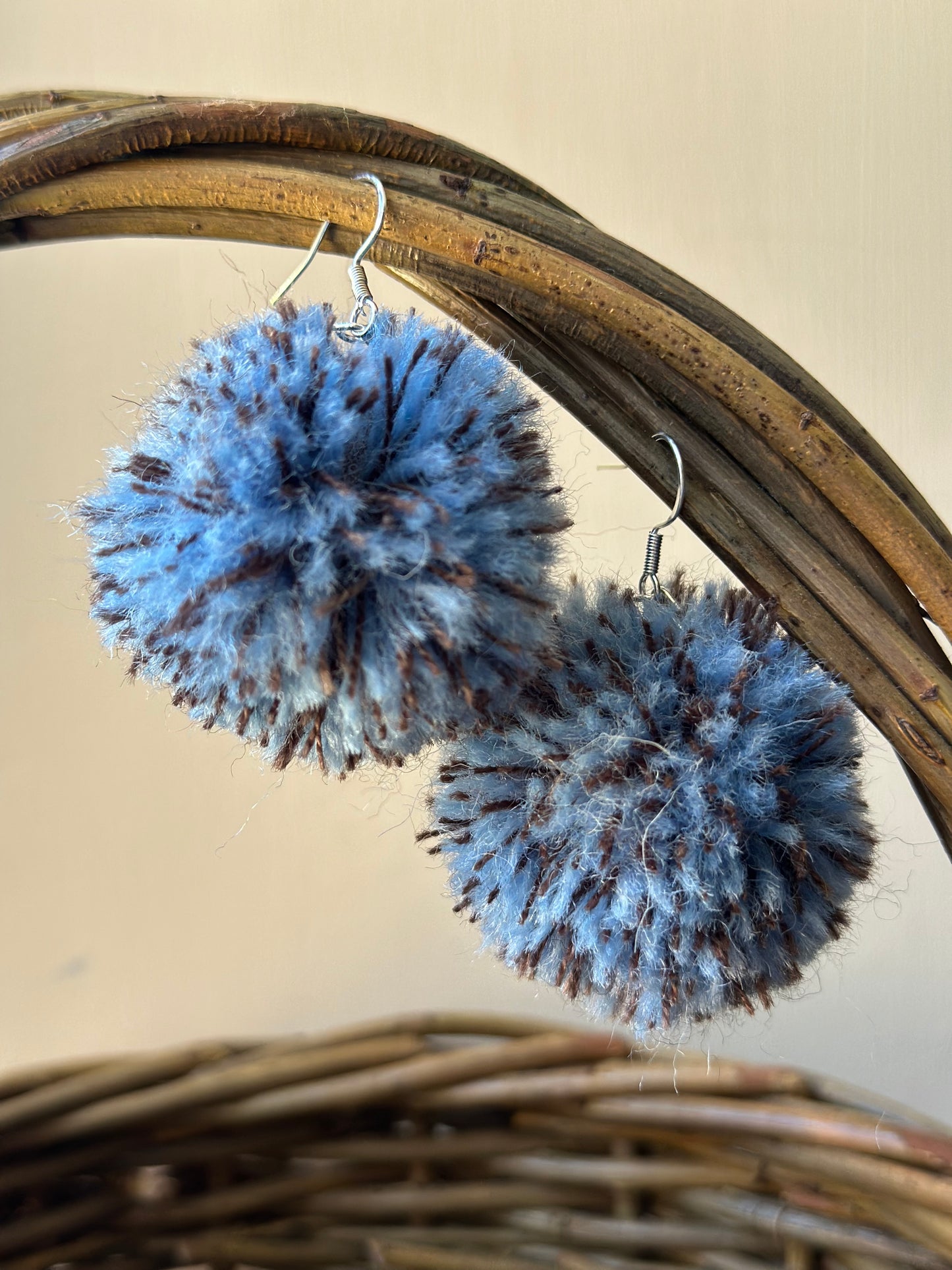 Blue & Brown Pom-Pom Earrings