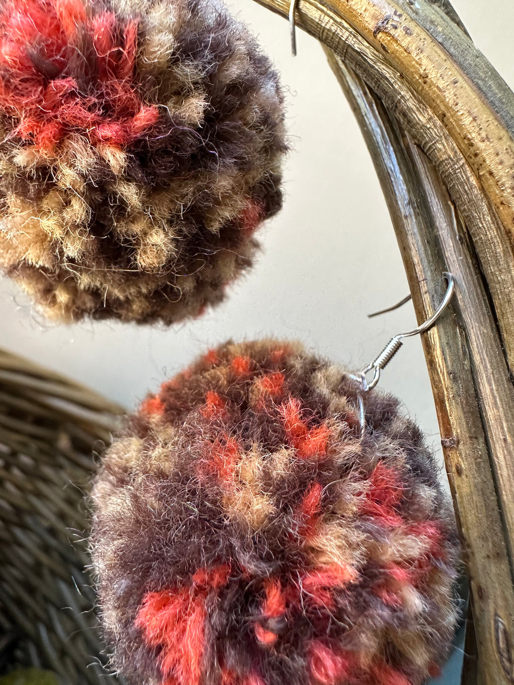 Brown, Beige and Red Orange Pom-Pom Earrings