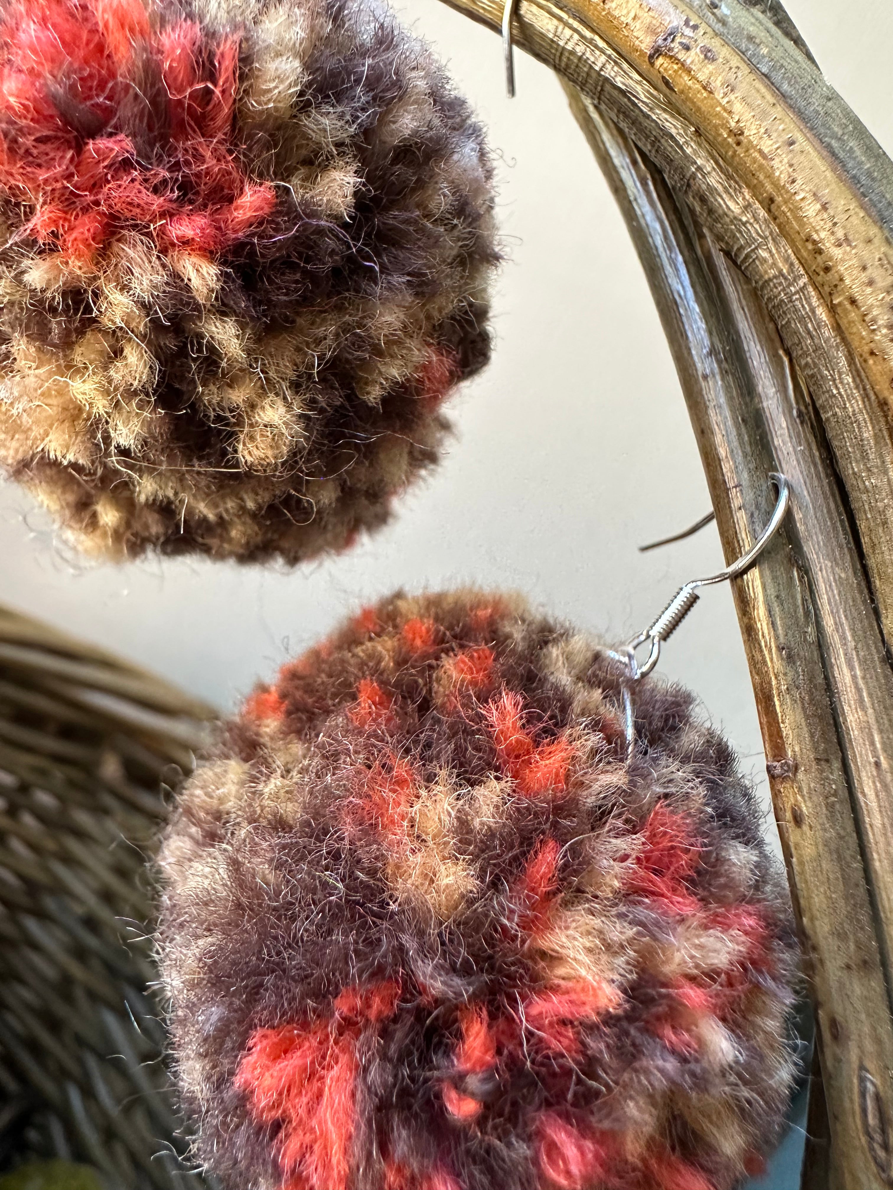 Brown, Beige and Red Orange Pom-Pom Earrings