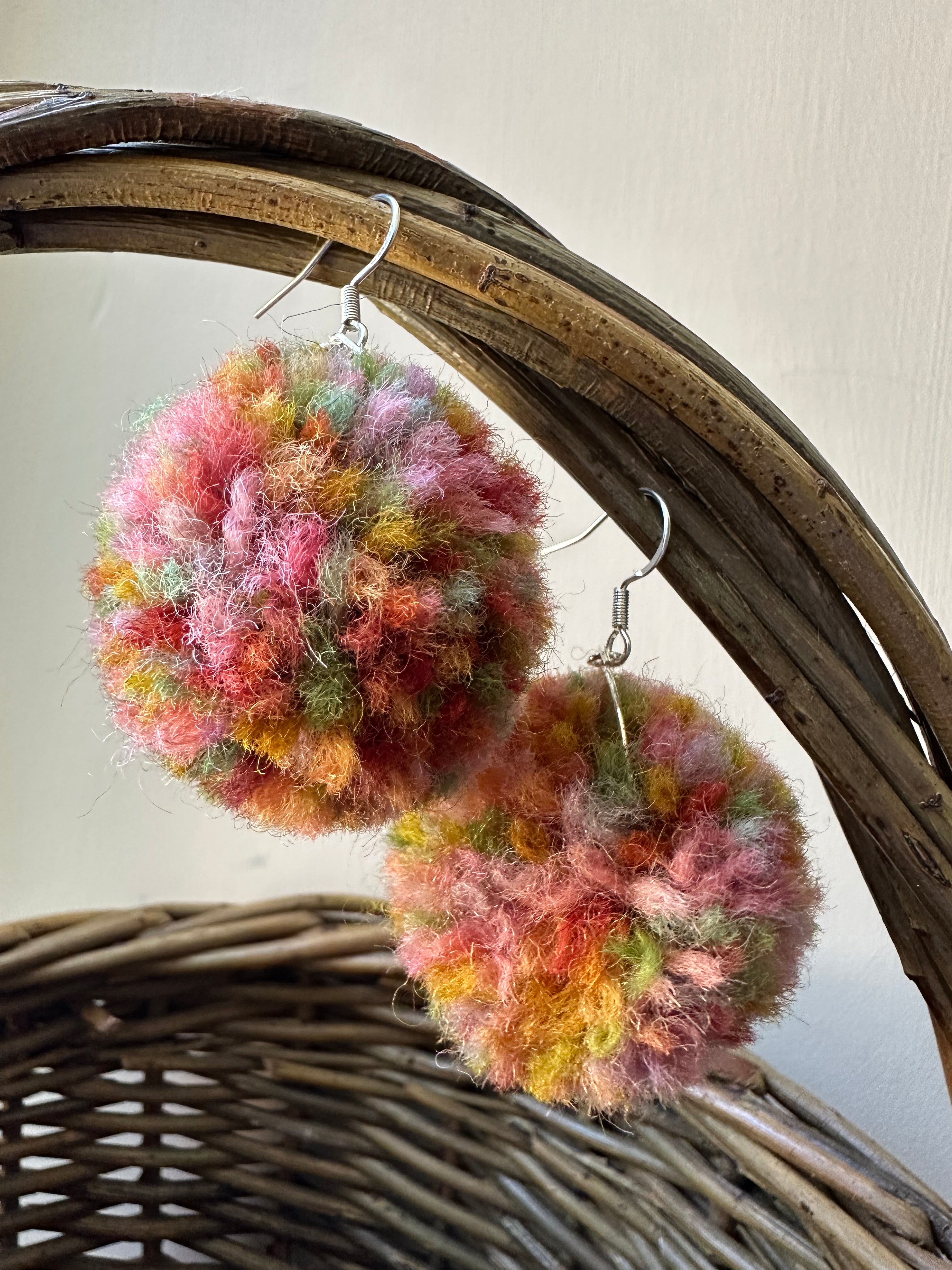 ‘Autumn at Cotehele’ Painted Yarn Pom-Pom earrings