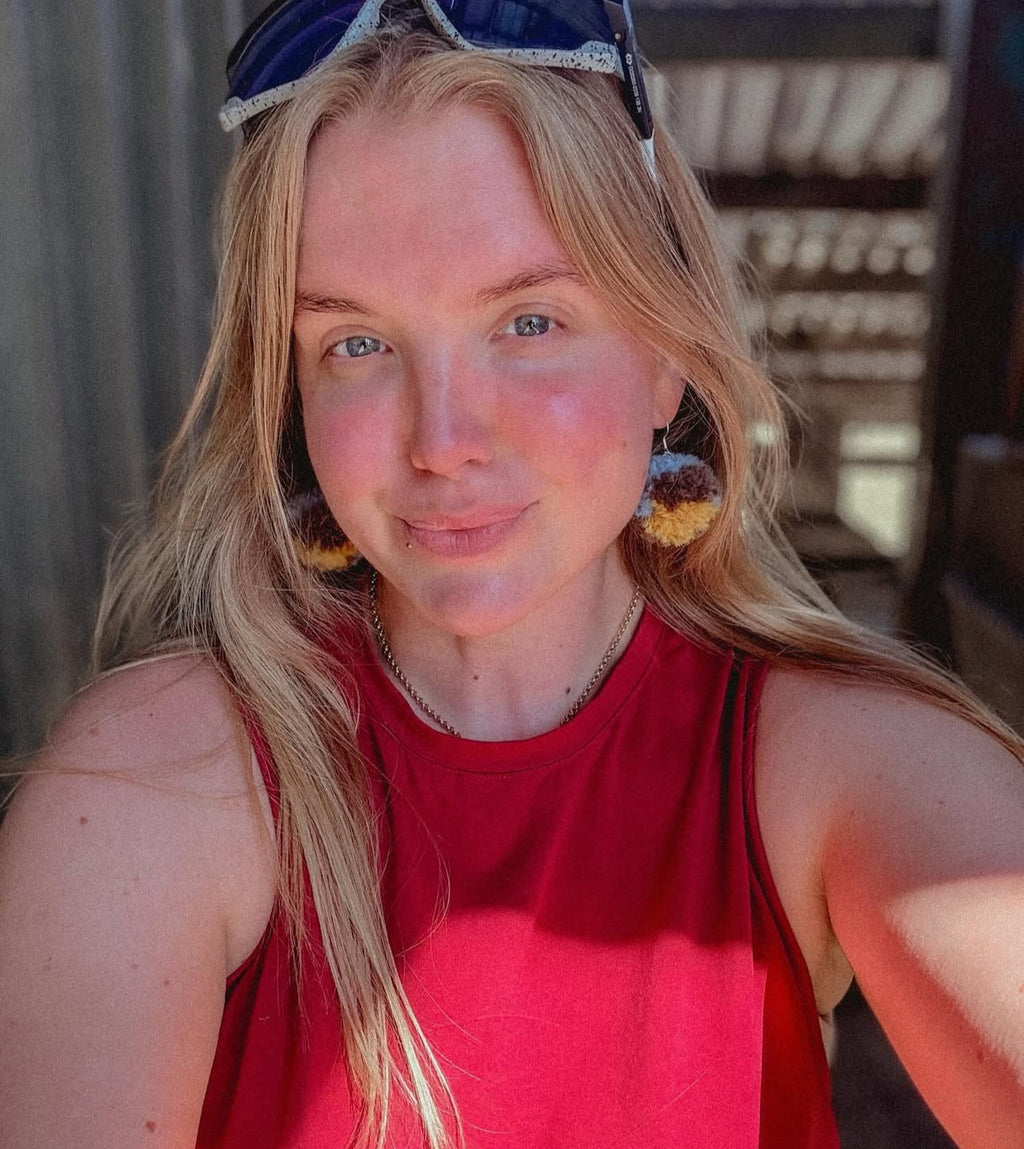 Brown, Beige and Red Orange Pom-Pom Earrings