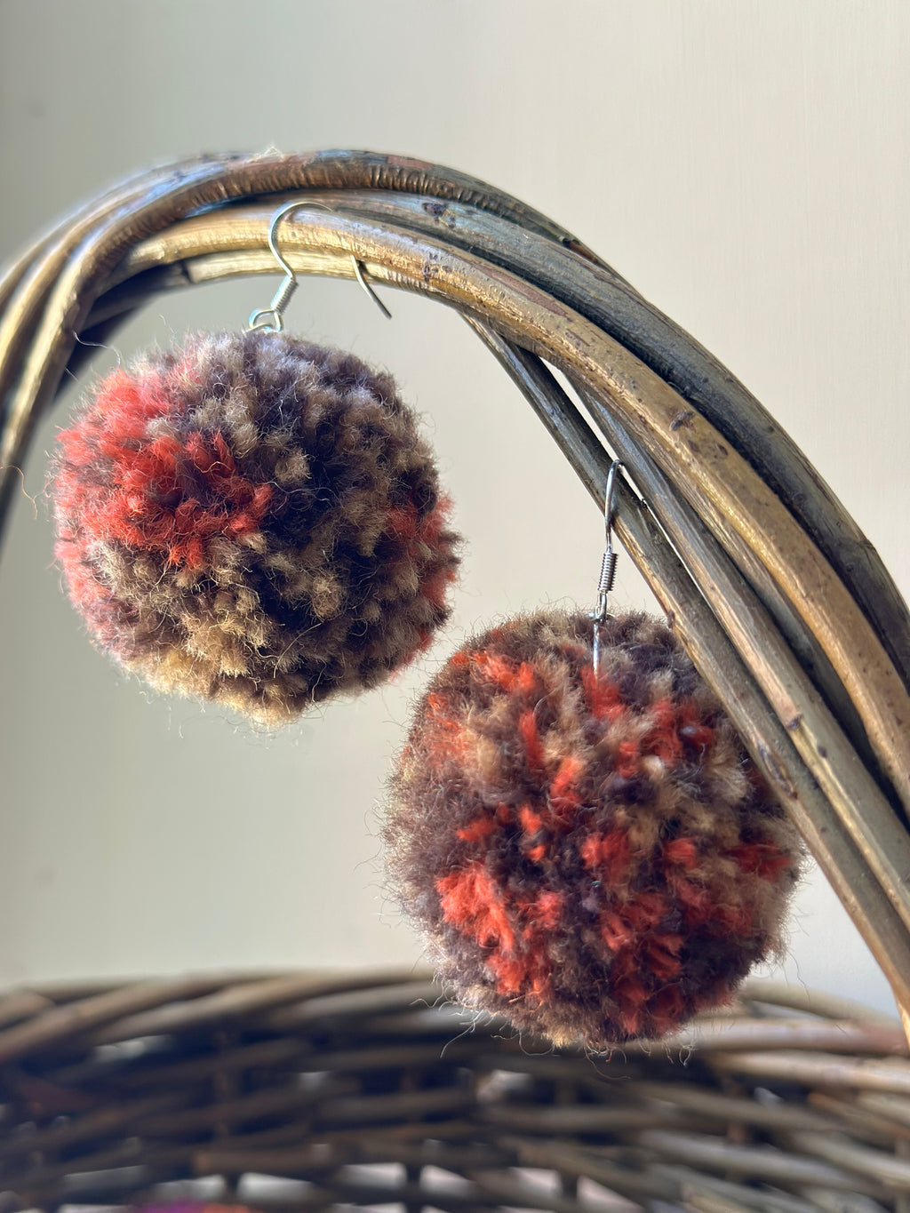 Brown, Beige and Red Orange Pom-Pom Earrings