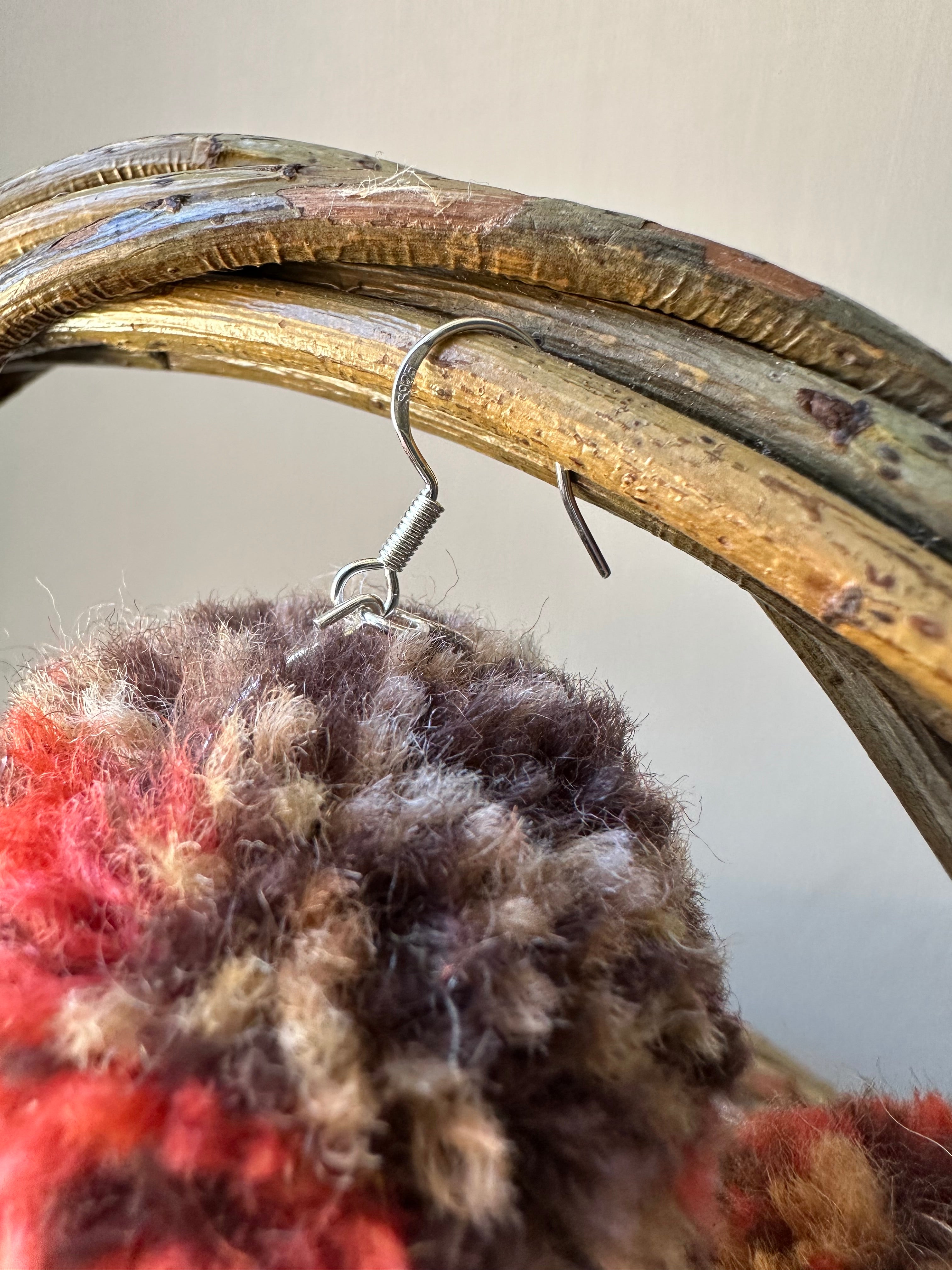 Brown, Beige and Red Orange Pom-Pom Earrings