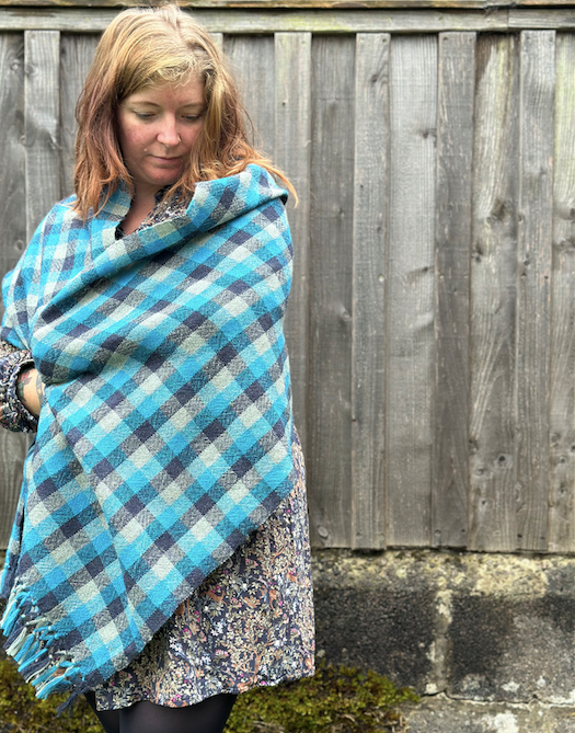 Blue & Grey Check British Wool Shawl