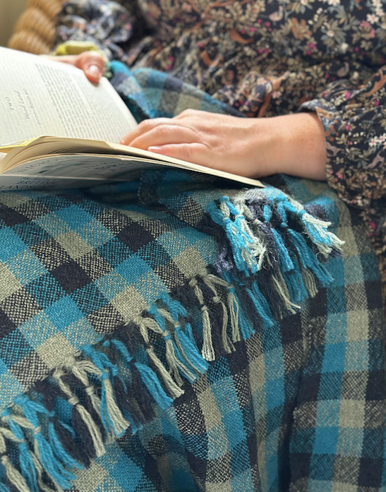 Blue & Grey Check British Wool Shawl