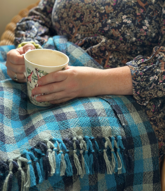Blue & Grey Check British Wool Shawl