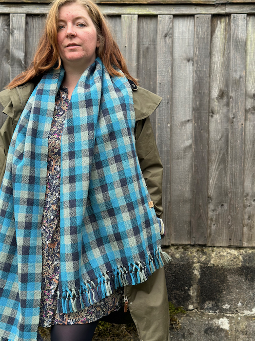 Blue & Grey Check British Wool Shawl