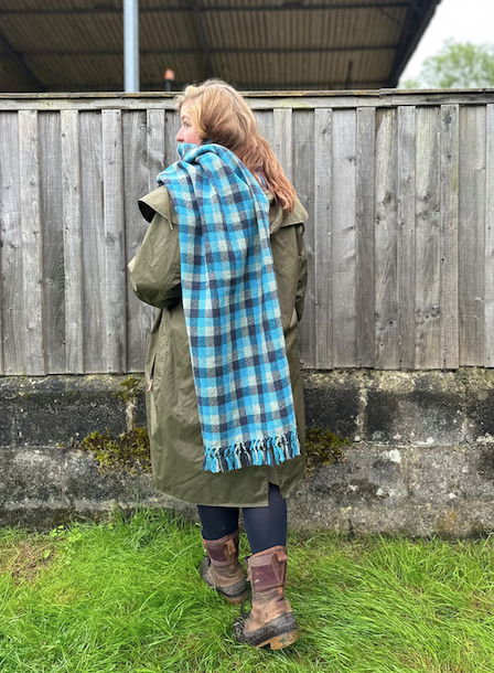 Blue & Grey Check British Wool Shawl