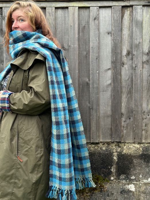 Blue & Grey Check British Wool Shawl