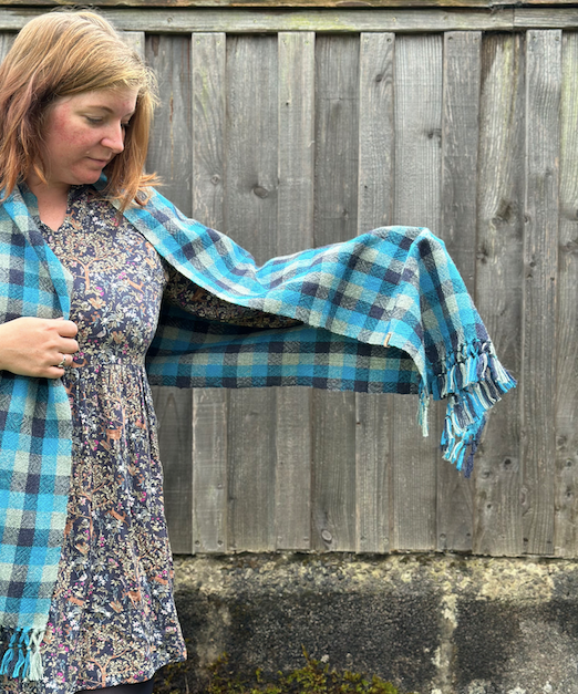 Blue & Grey Check British Wool Shawl