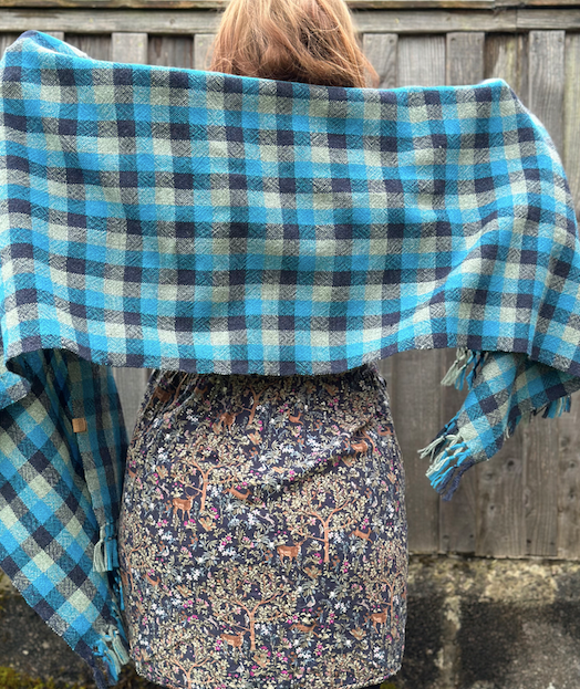Blue & Grey Check British Wool Shawl