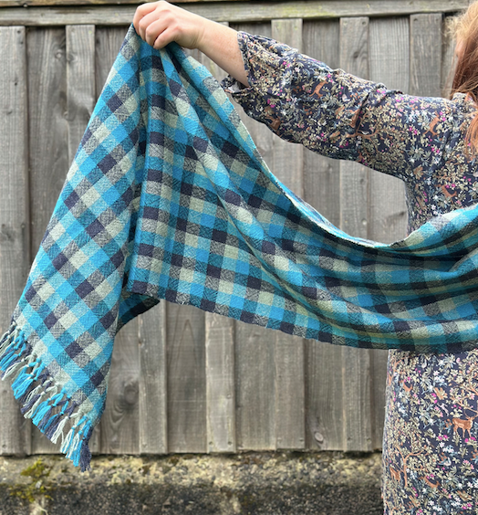 Blue & Grey Check British Wool Shawl