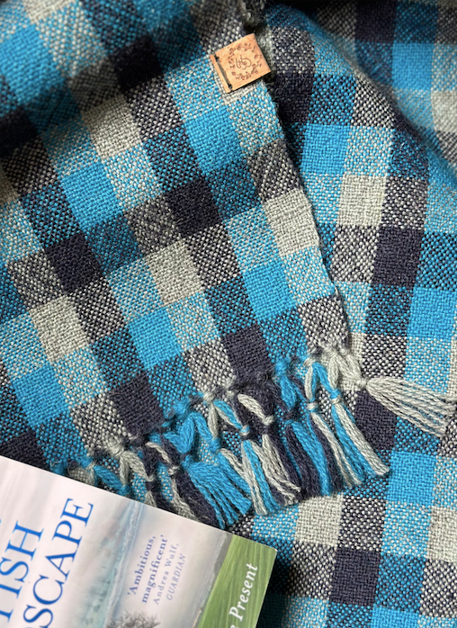 Blue & Grey Check British Wool Shawl
