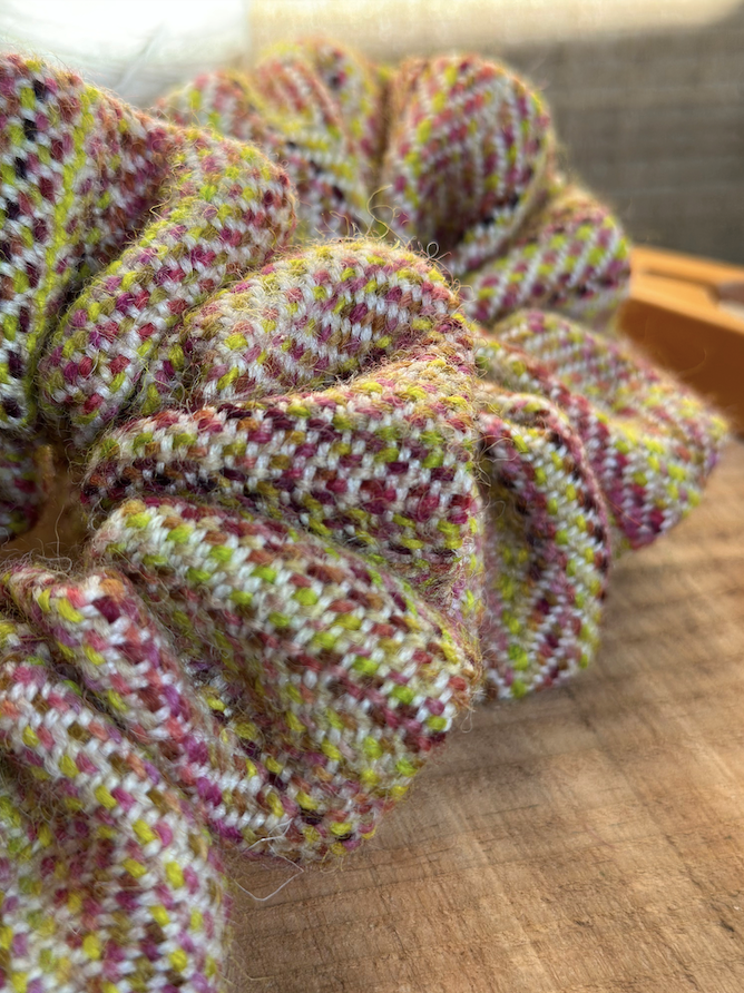 Bright Magnolia Painted Weft Handwoven British Wool Scrunchie