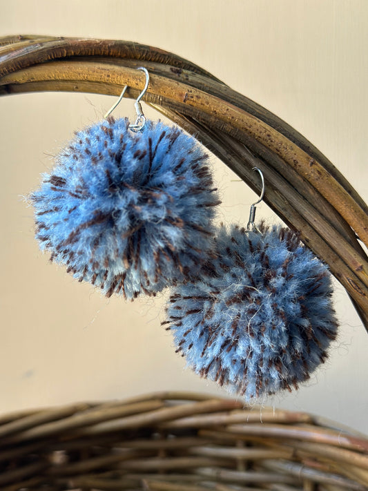 Blue & Brown Pom-Pom Earrings
