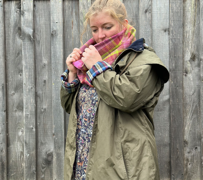 Dark Magnolia Plaid British Wool Cowl Scarf