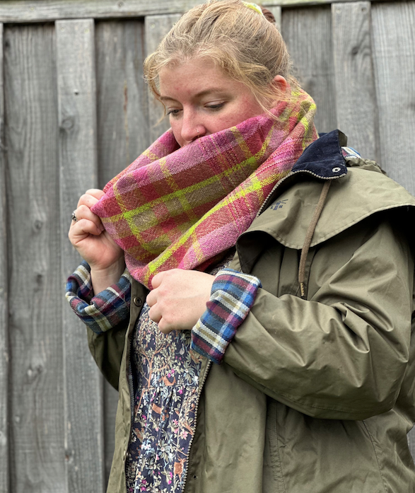 Dark Magnolia Plaid British Wool Cowl Scarf