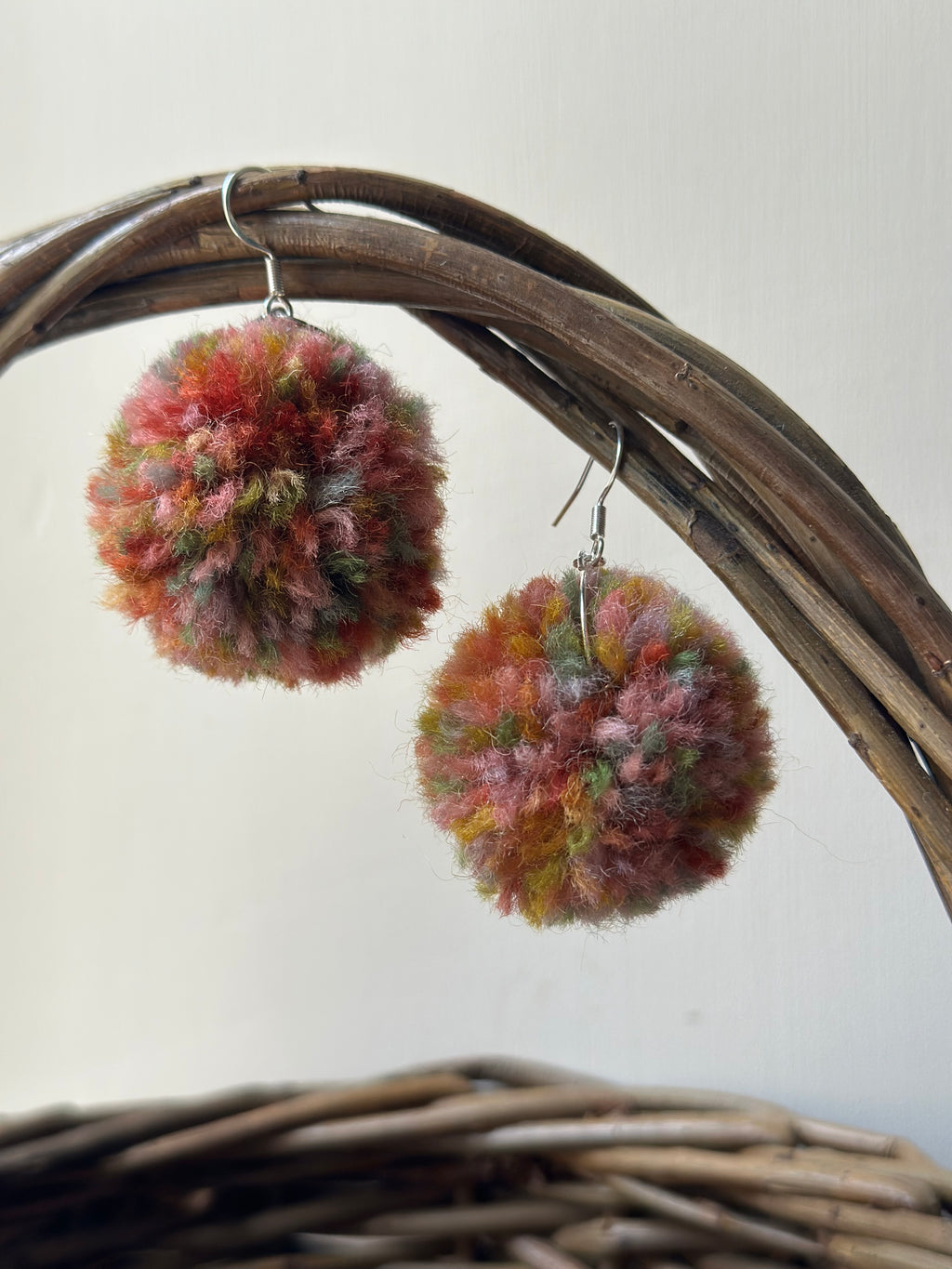 ‘Autumn at Cotehele’ Painted Yarn Pom-Pom earrings