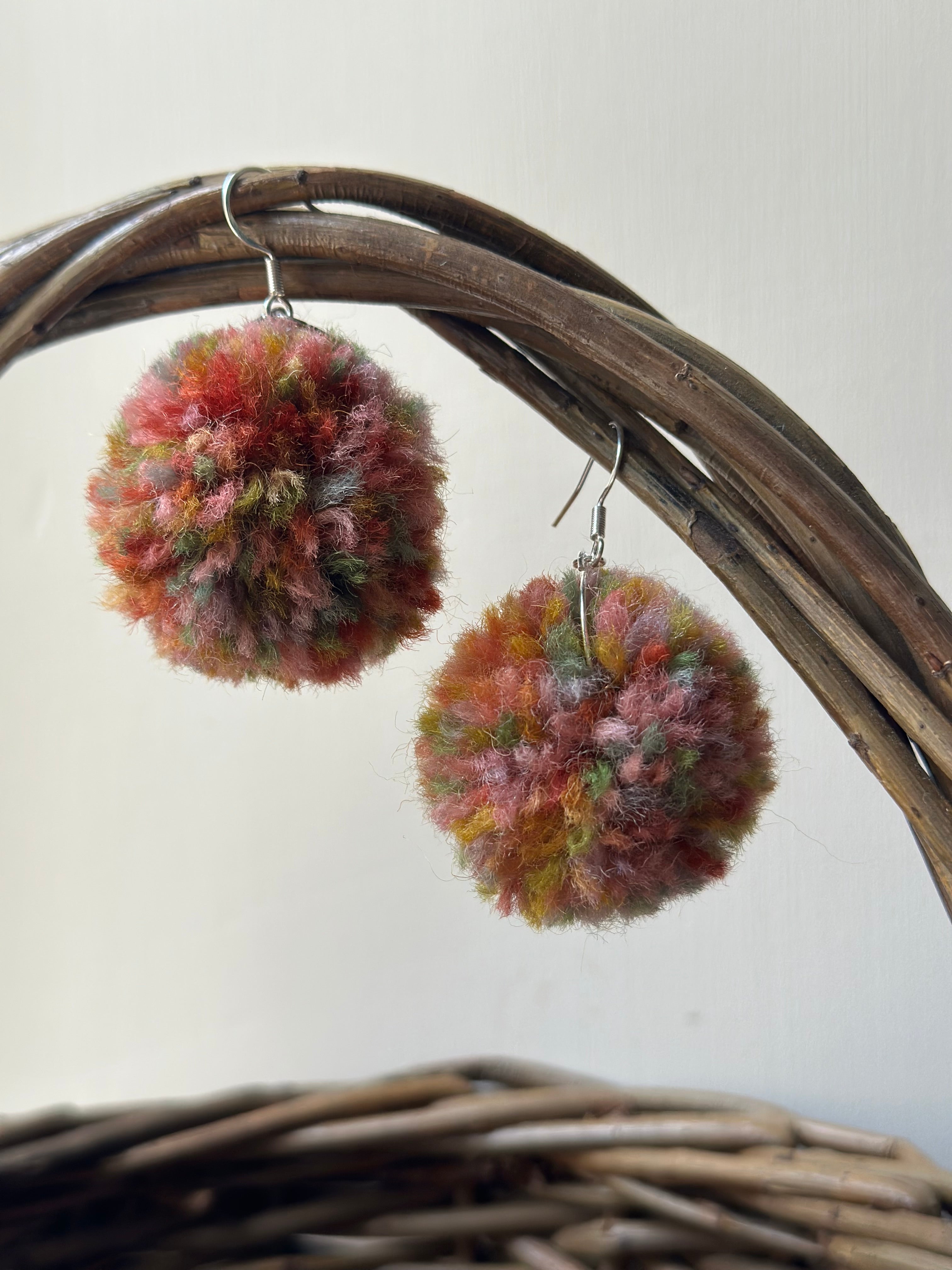 ‘Autumn at Cotehele’ Painted Yarn Pom-Pom earrings