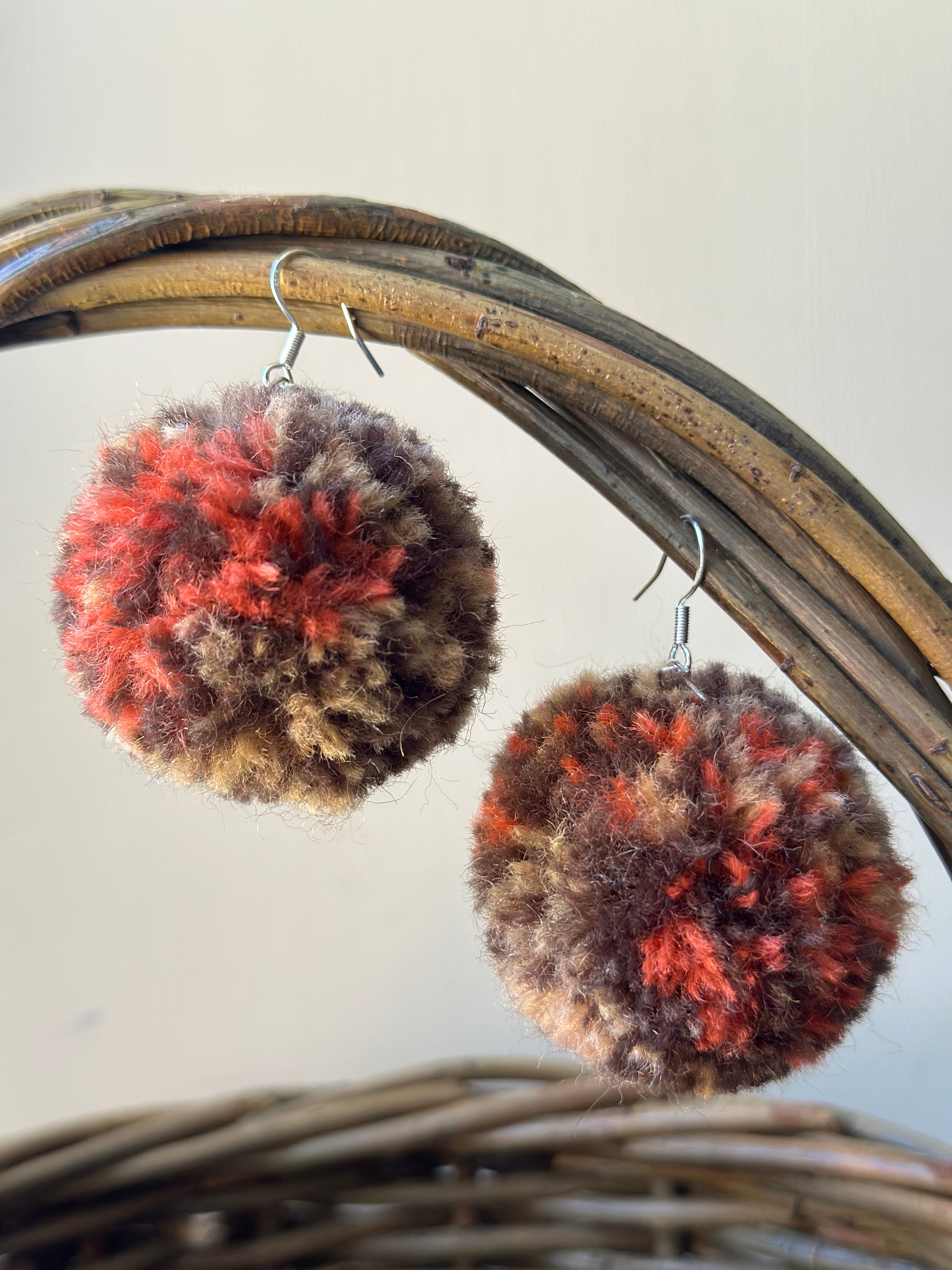 Brown, Beige and Red Orange Pom-Pom Earrings
