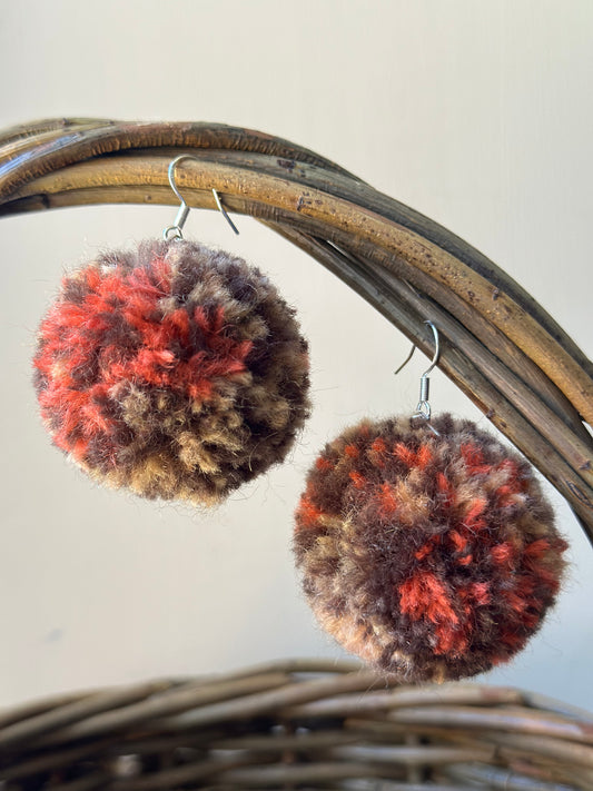 Brown, Beige and Red Orange Pom-Pom Earrings