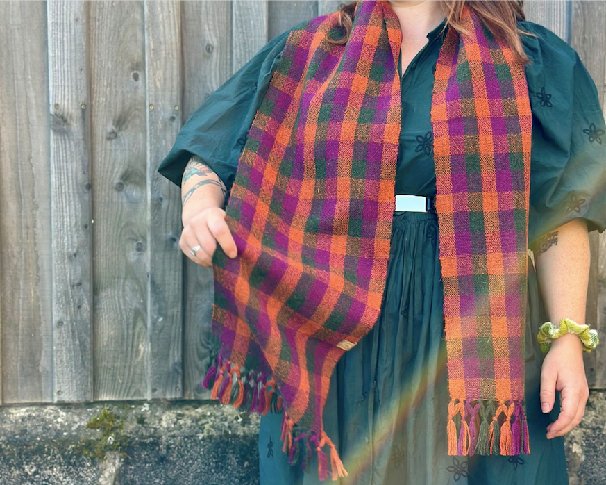 Green, Purple & Orange Check British Wool Scarf