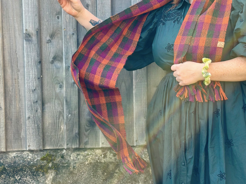 Green, Purple & Orange Check British Wool Scarf