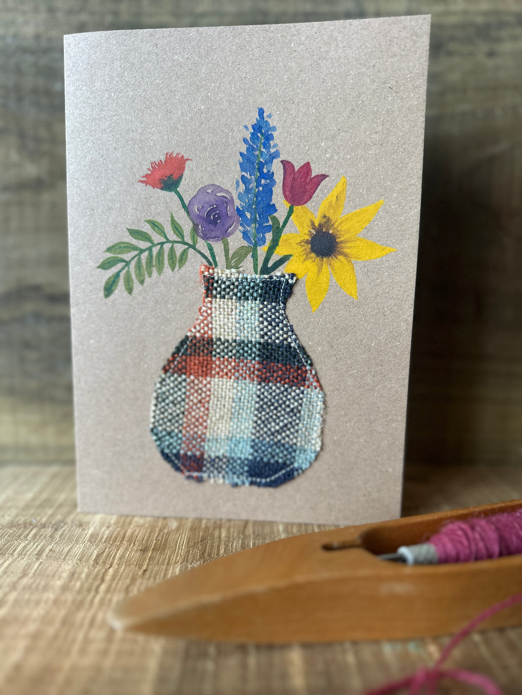 Vase of Flowers British Wool and Water Colour Greetings Card