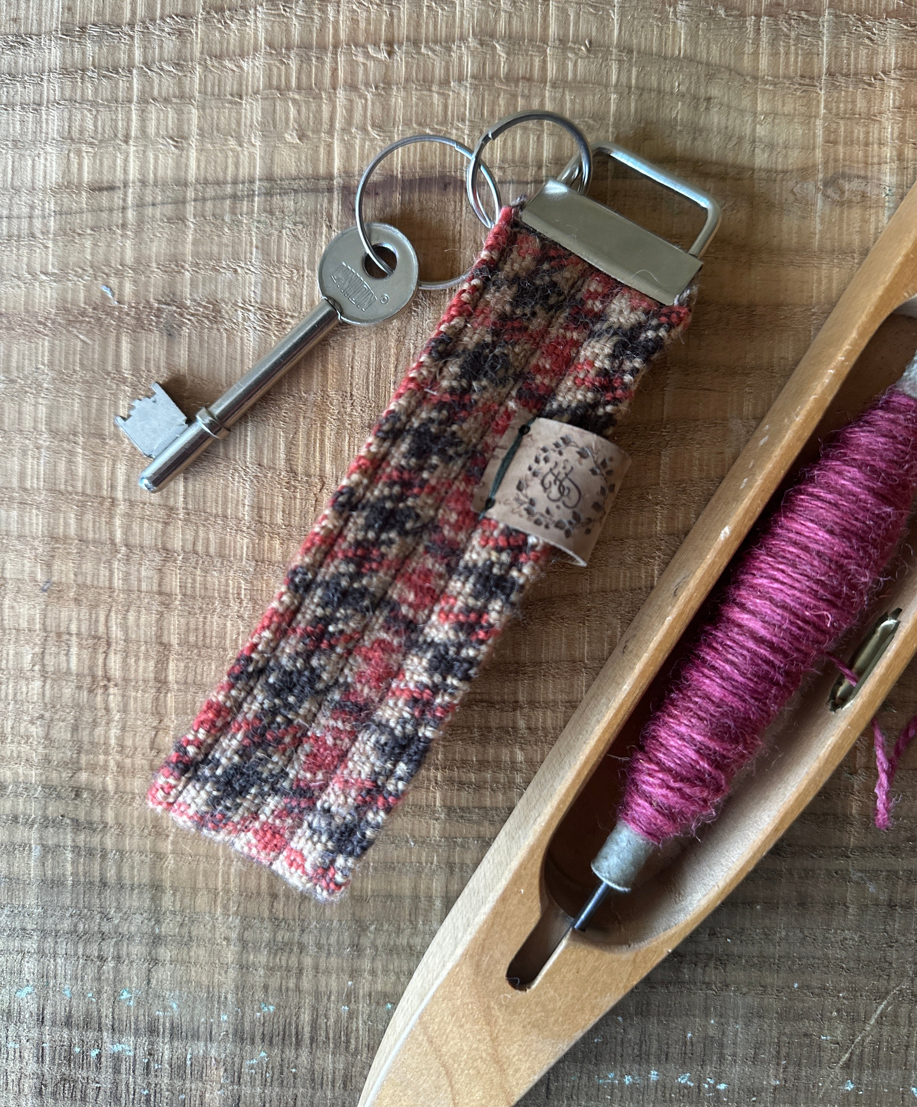 Beige, Brown & Orange Check British Wool Fabric Key Fob