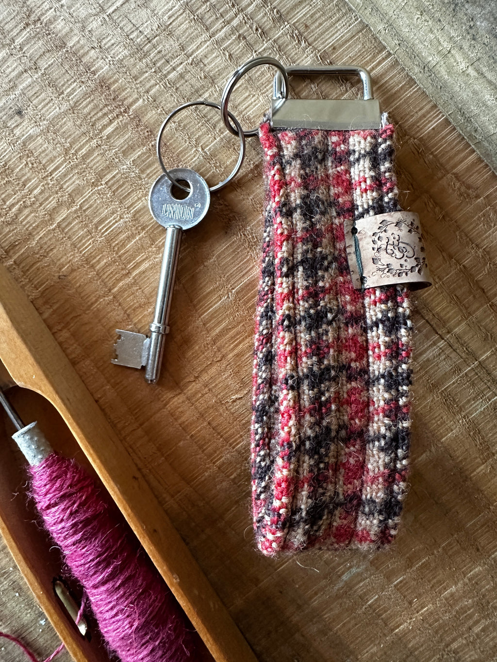 Beige, Brown & Orange Check British Wool Fabric Key Fob