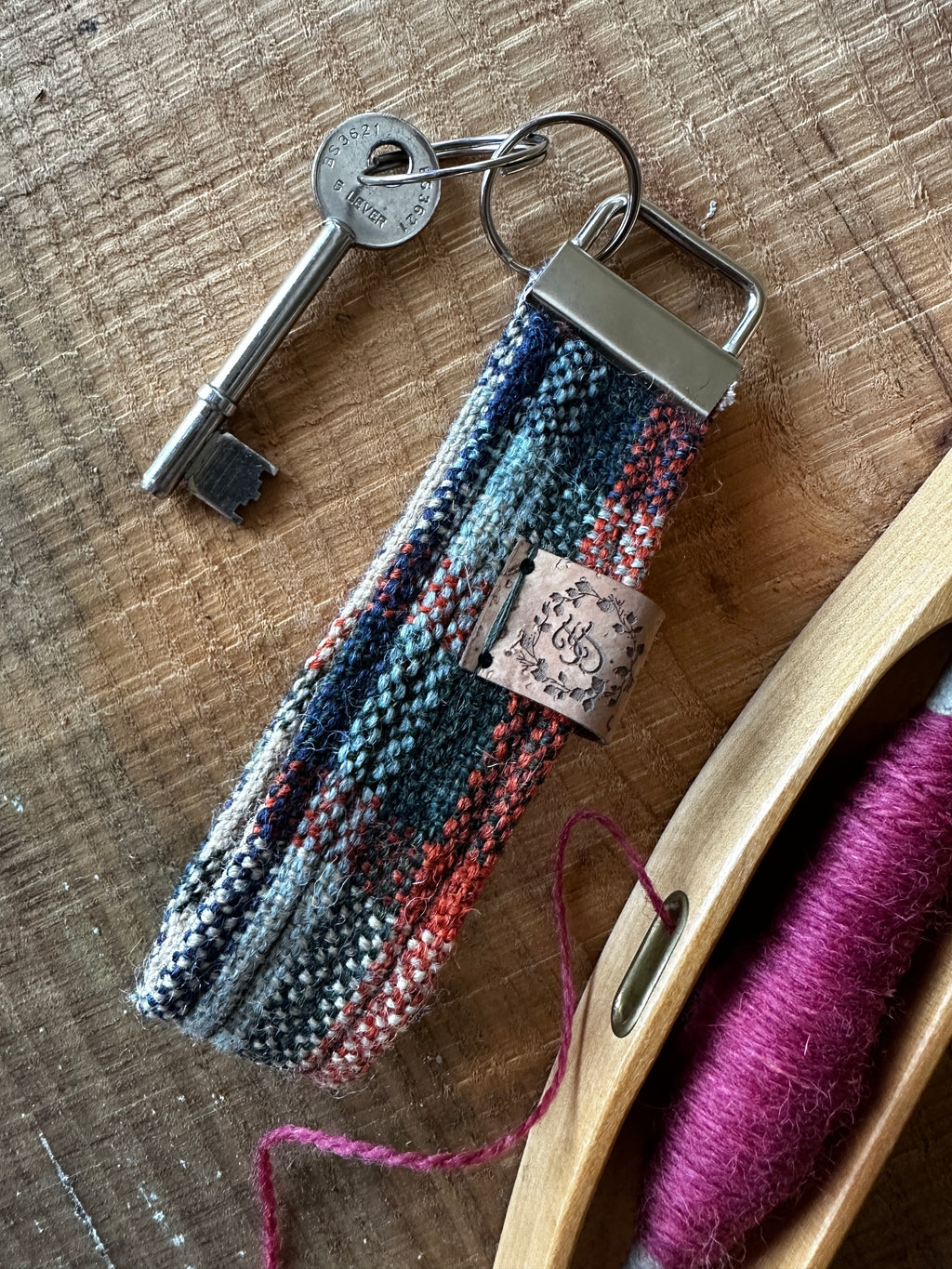 Blue, Green & Orange Plaid British Wool Fabric Key Fob