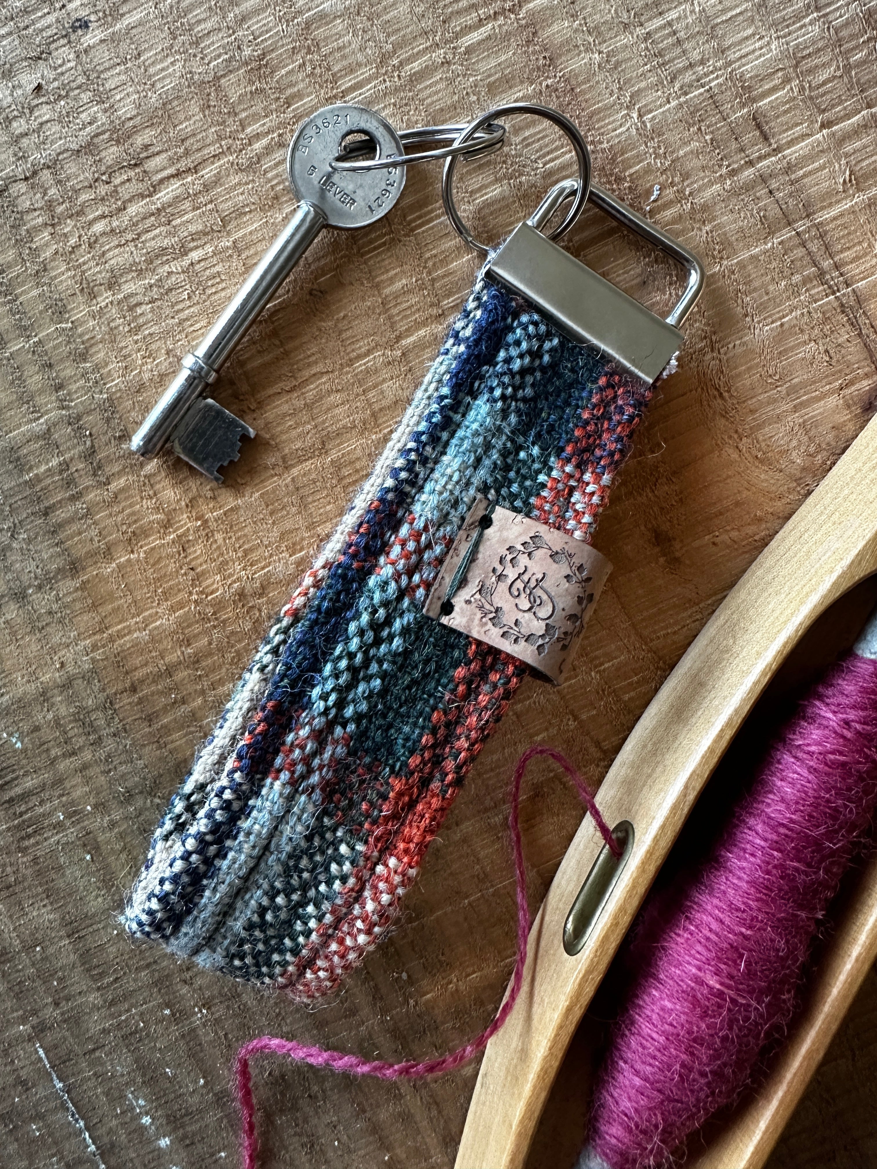 Blue, Green & Orange Plaid British Wool Fabric Key Fob