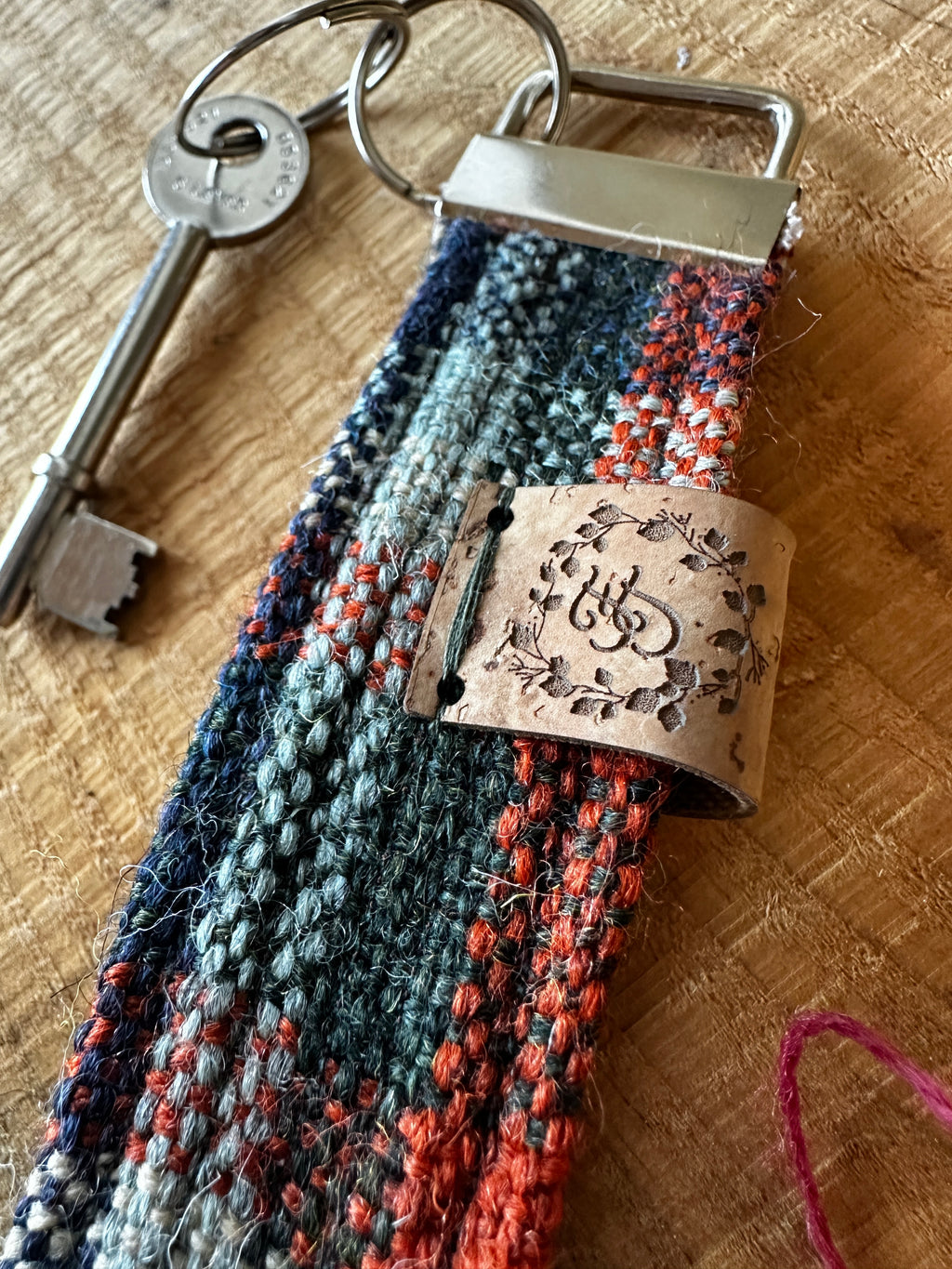 Blue, Green & Orange Plaid British Wool Fabric Key Fob