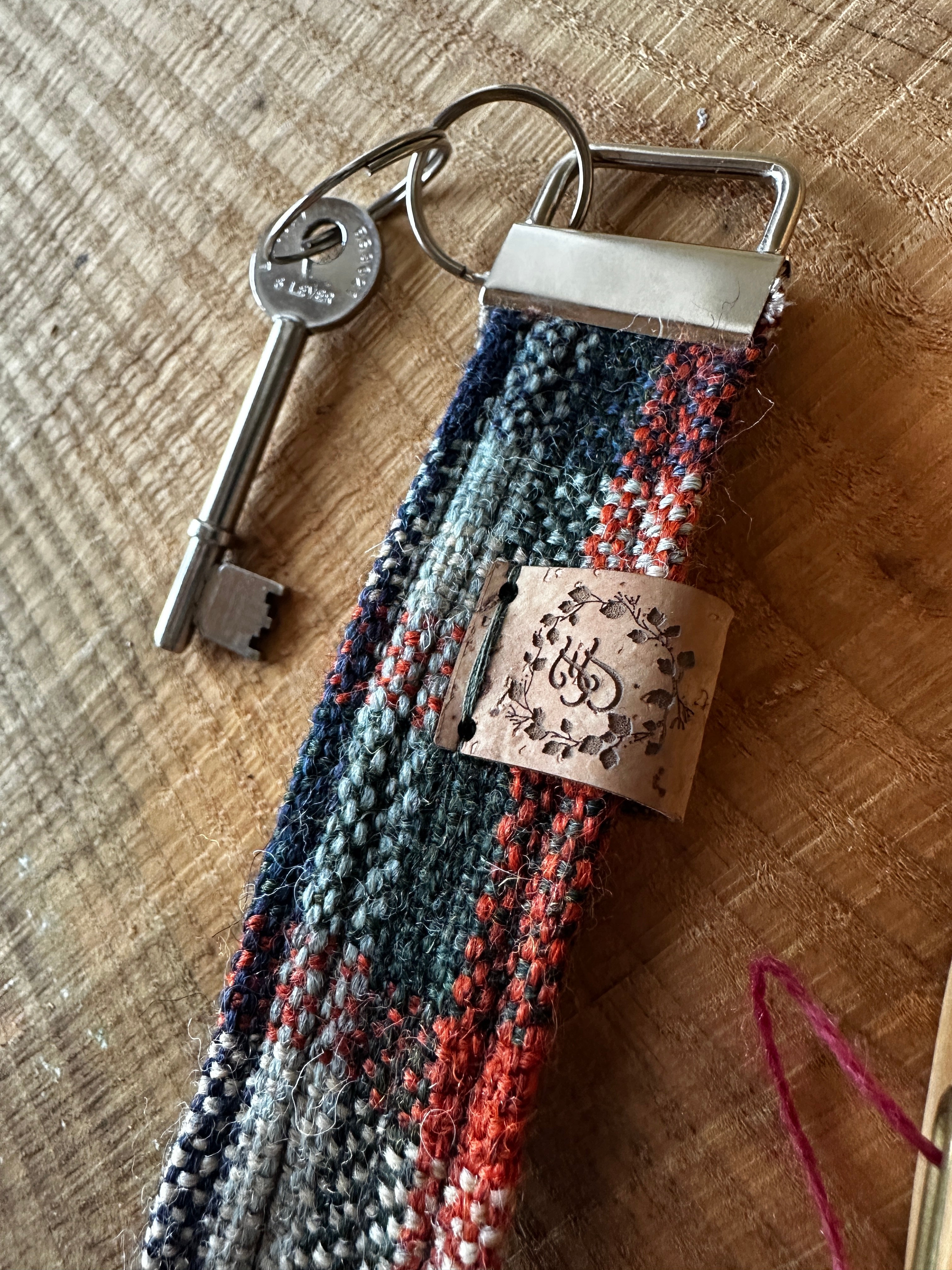 Blue, Green & Orange Plaid British Wool Fabric Key Fob