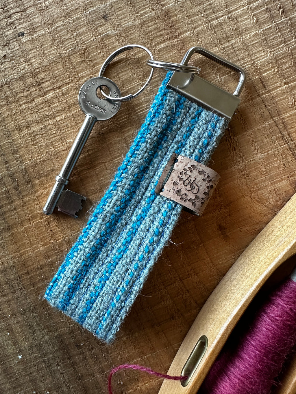Blue & Grey Striped British Wool Fabric Key Fob