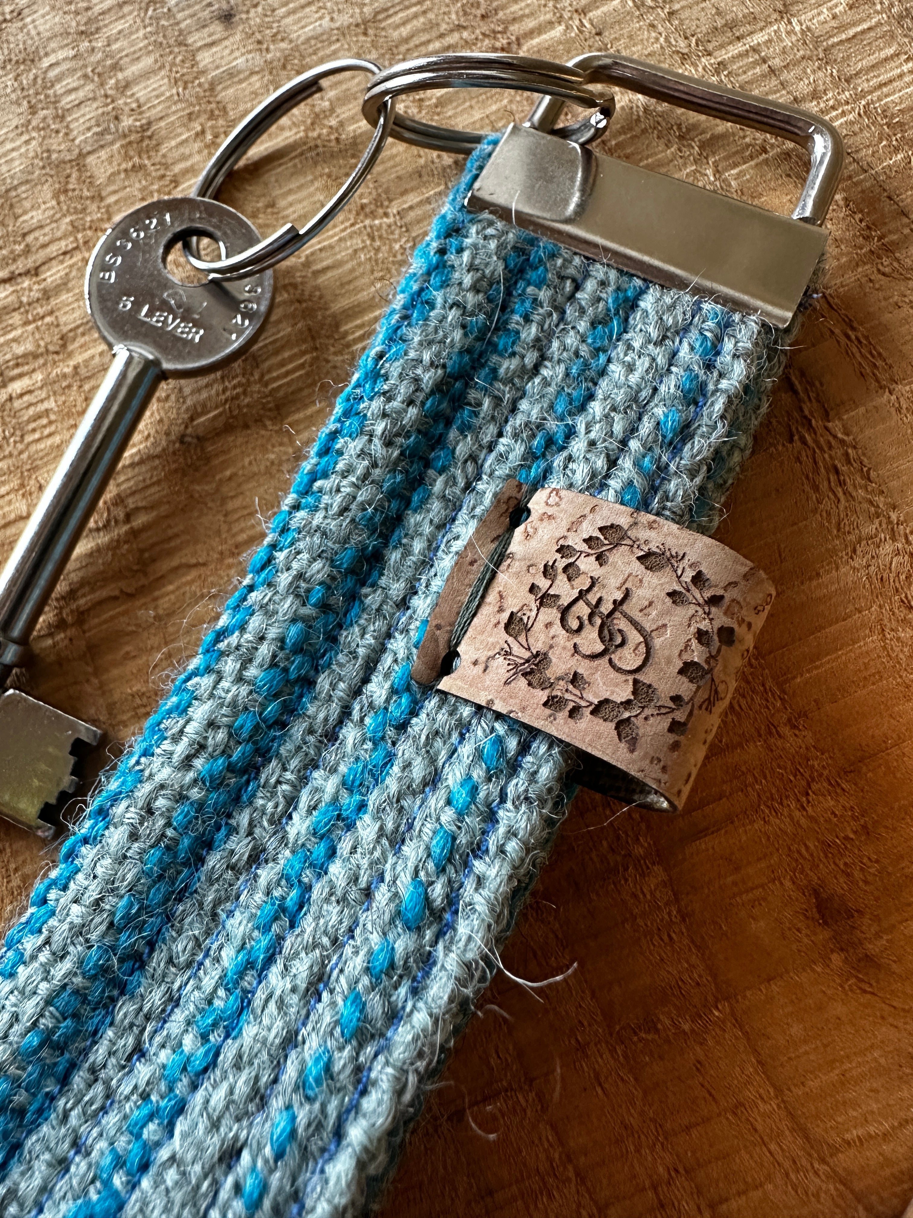 Blue & Grey Striped British Wool Fabric Key Fob