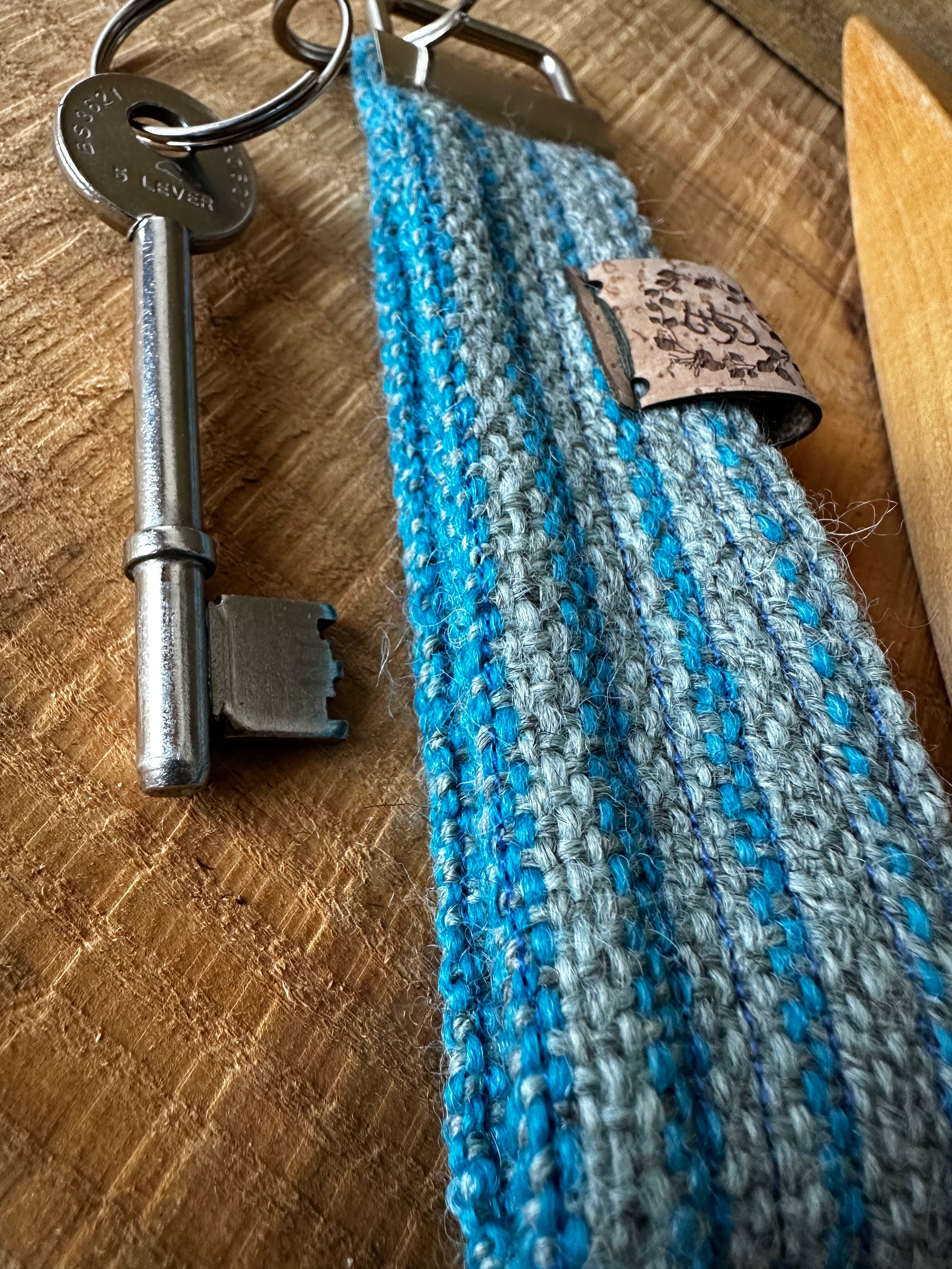 Blue & Grey Striped British Wool Fabric Key Fob