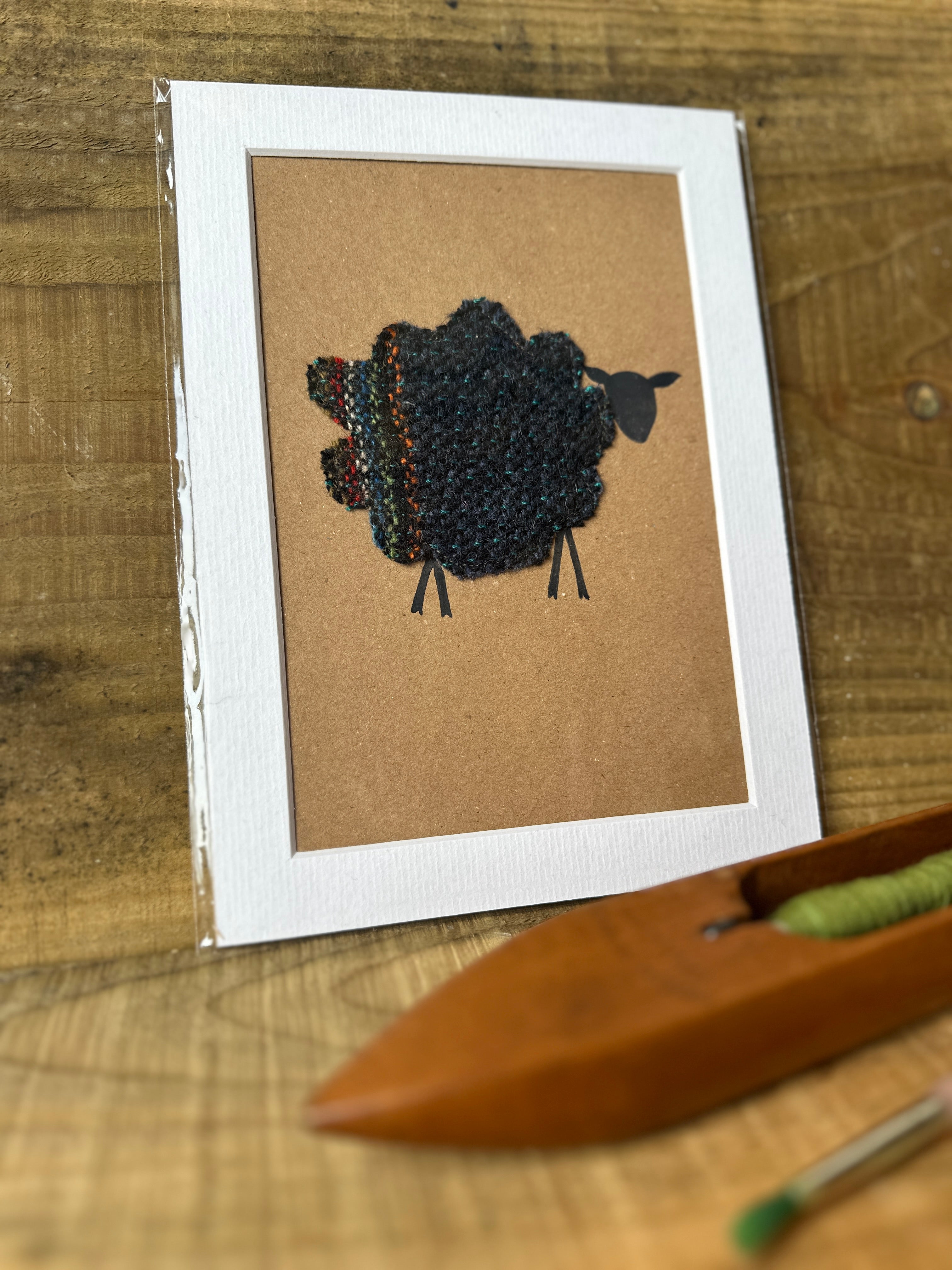 Blue Striped Sheep - Mounted Original Artwork with British Wool Fabric Remnants and Watercolour Details