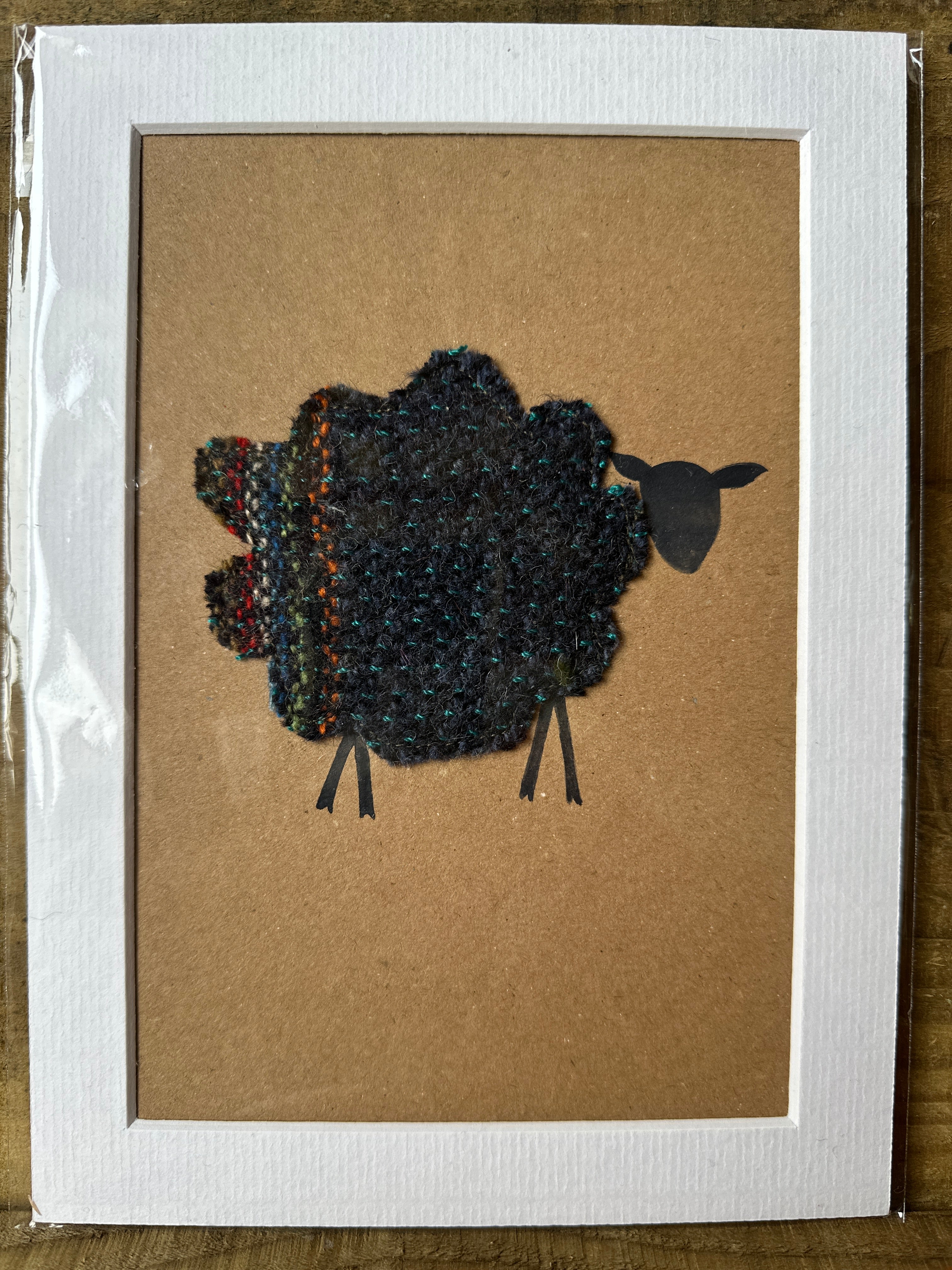 Blue Striped Sheep - Mounted Original Artwork with British Wool Fabric Remnants and Watercolour Details