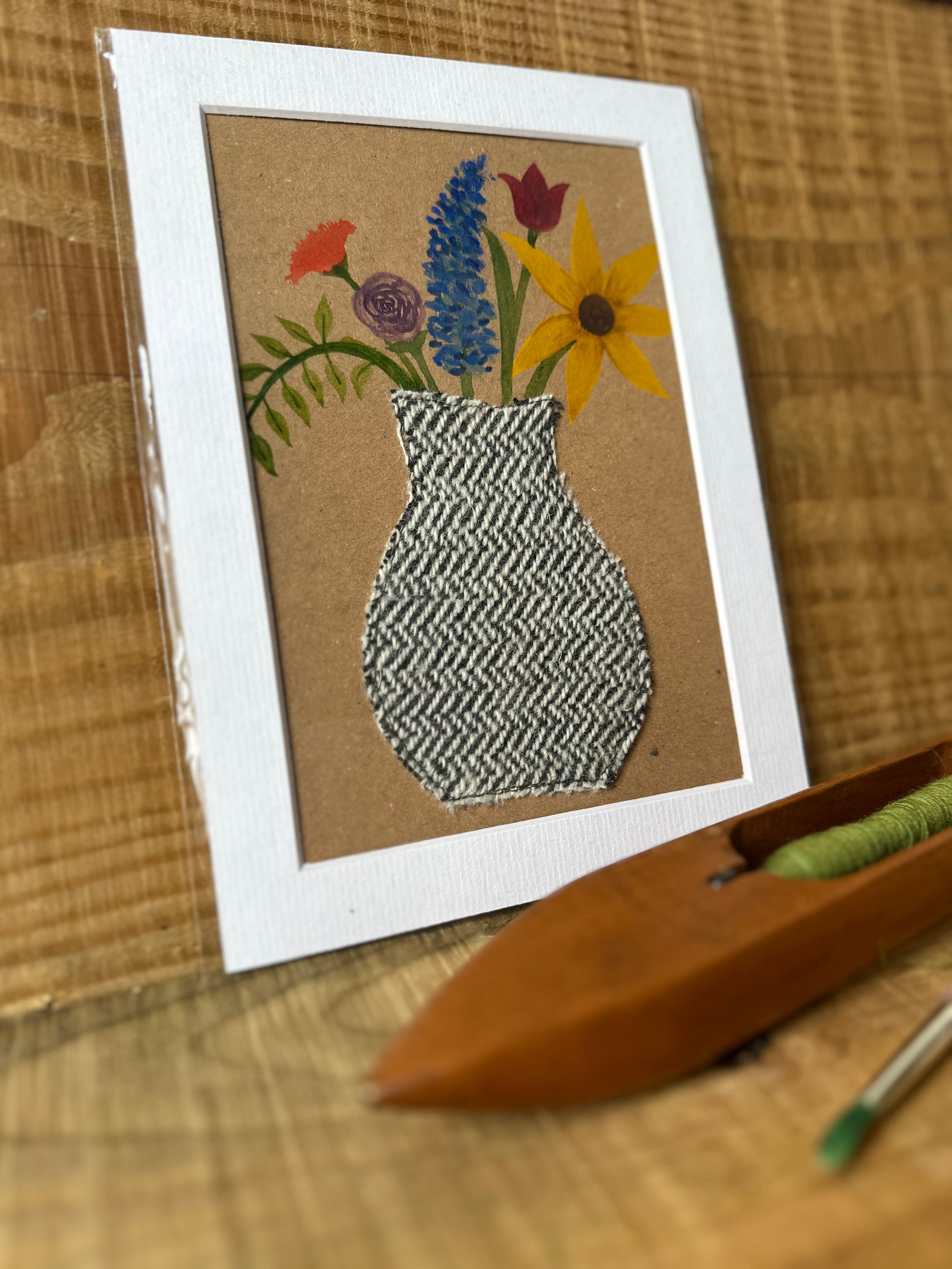 Black & White Herringbone Vase of Flowers - Mounted Original Artwork with British Wool Fabric Remnants and Watercolour Details