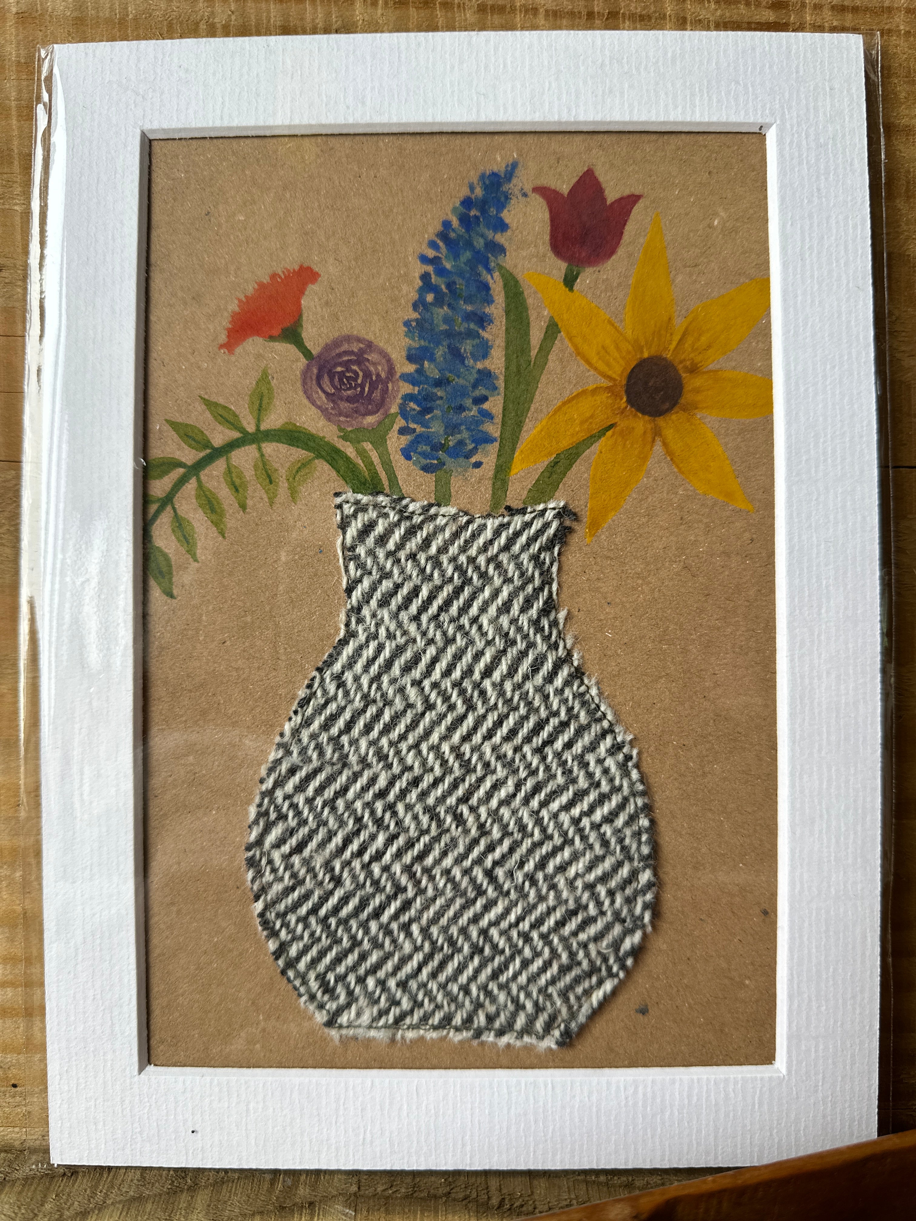 Black & White Herringbone Vase of Flowers - Mounted Original Artwork with British Wool Fabric Remnants and Watercolour Details