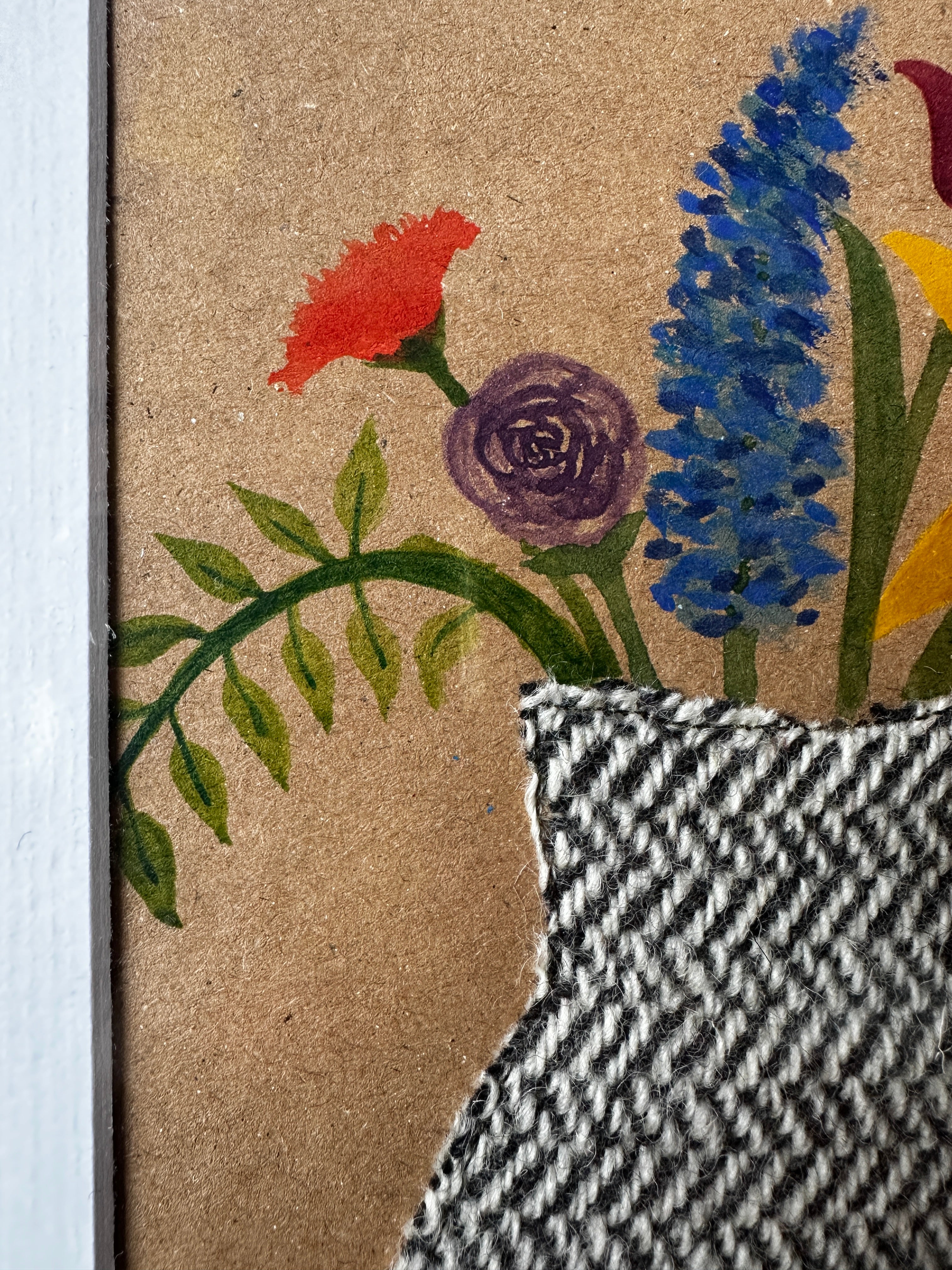 Black & White Herringbone Vase of Flowers - Mounted Original Artwork with British Wool Fabric Remnants and Watercolour Details