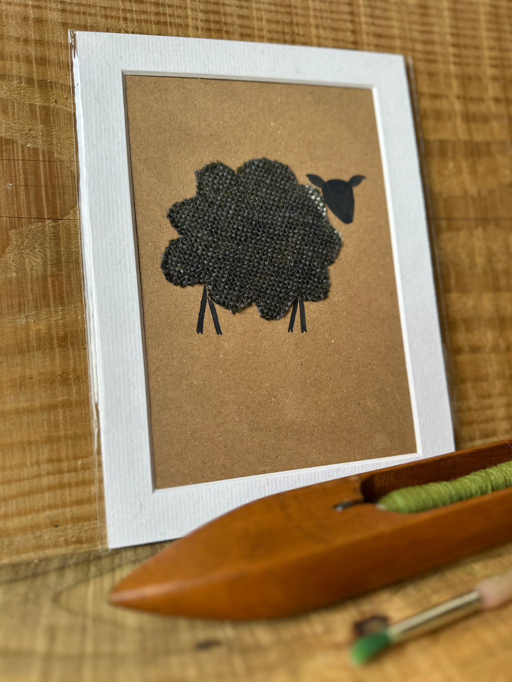 Blue Grey Sheep - Mounted Original Artwork with British Wool Fabric Remnants and Watercolour Details