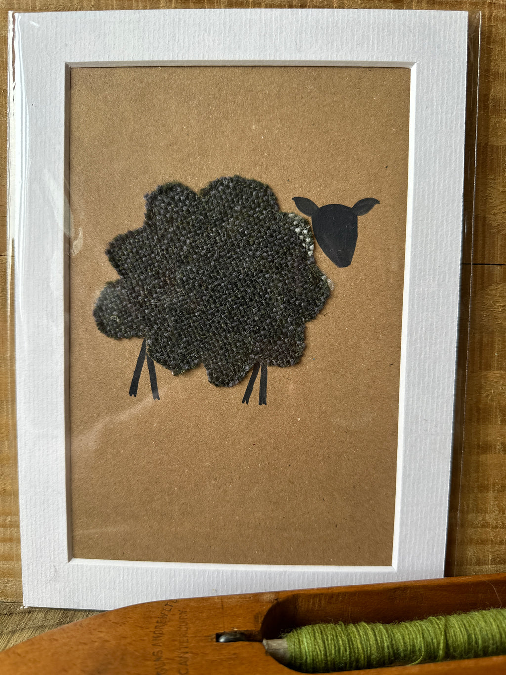 Blue Grey Sheep - Mounted Original Artwork with British Wool Fabric Remnants and Watercolour Details