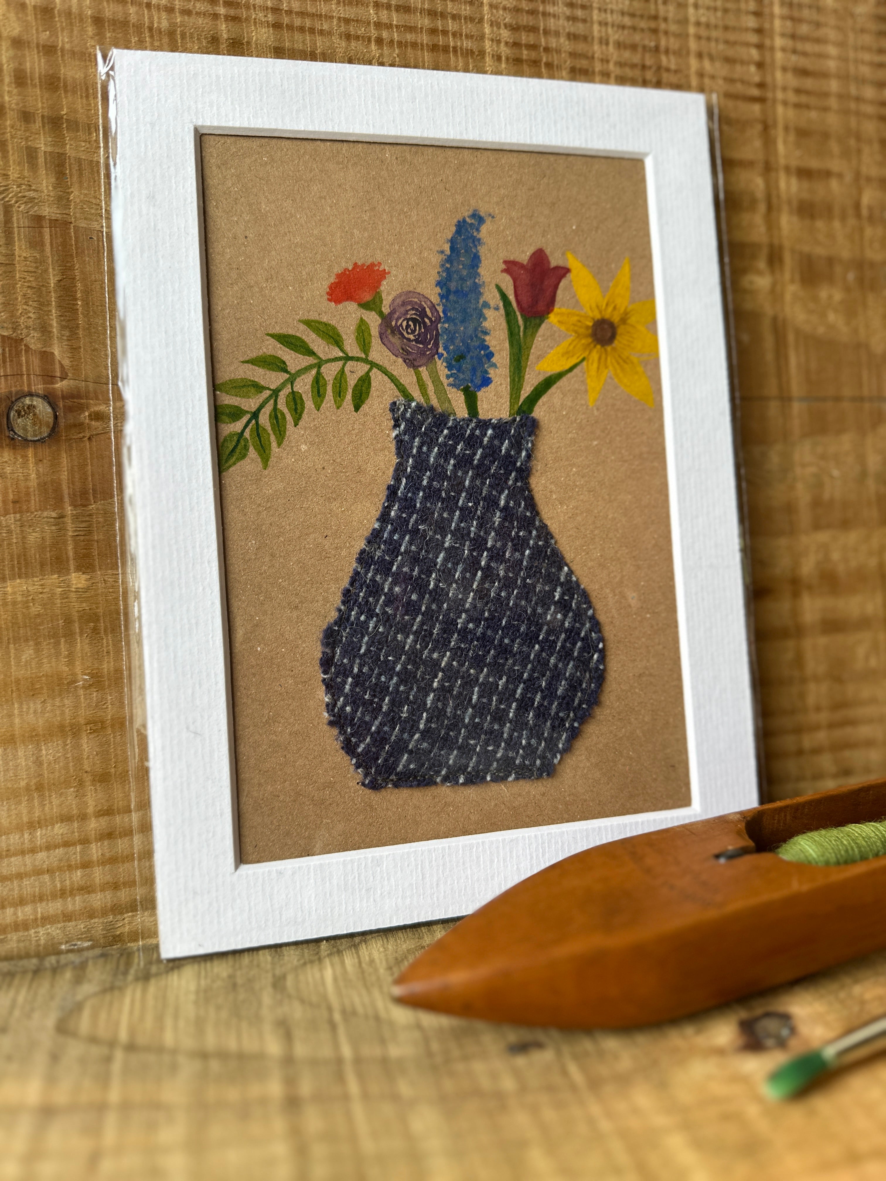 Blue Mini Check Vase of Flowers - Mounted Original Artwork with British Wool Fabric Remnants and Watercolour Details