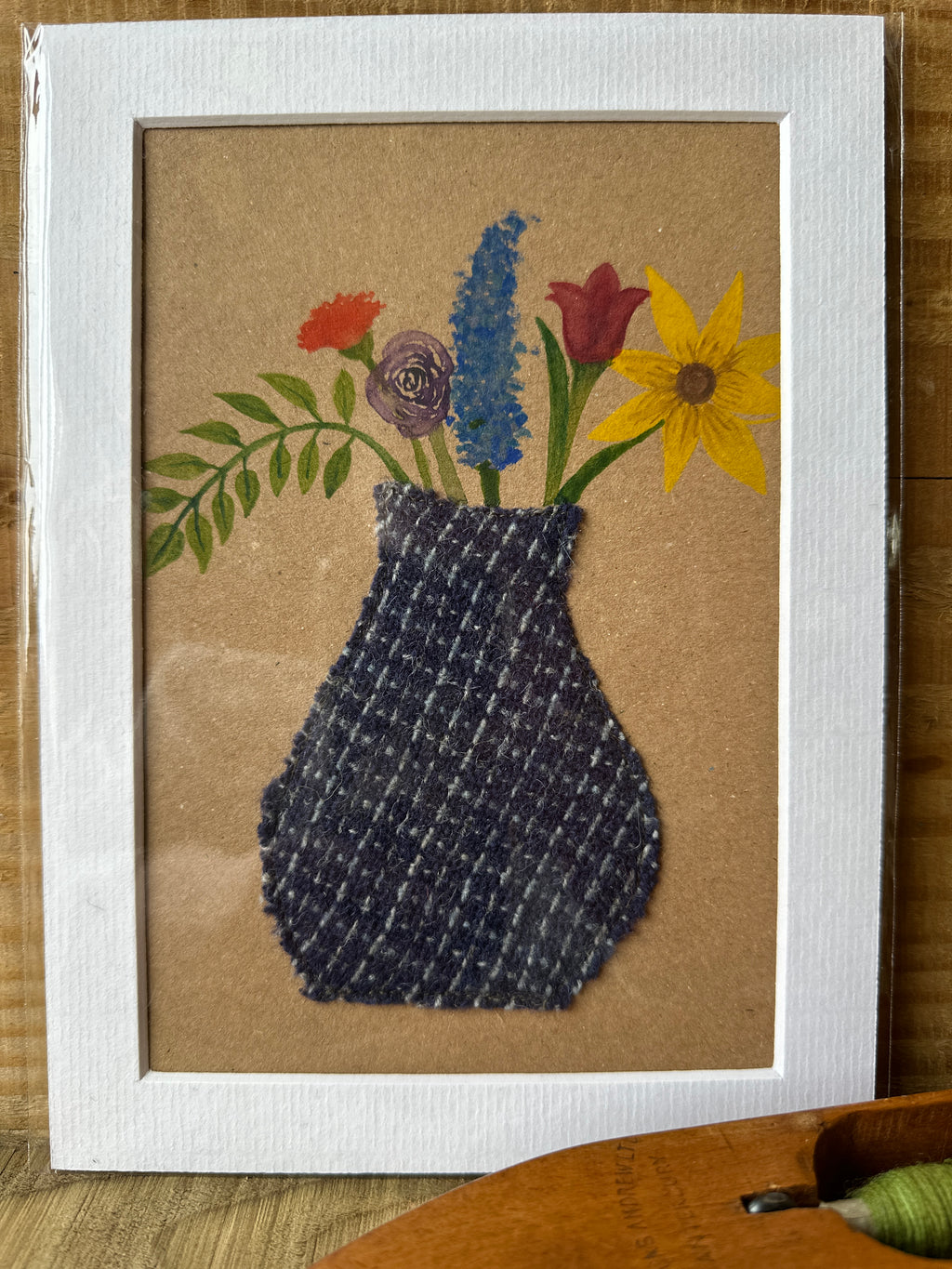 Blue Mini Check Vase of Flowers - Mounted Original Artwork with British Wool Fabric Remnants and Watercolour Details