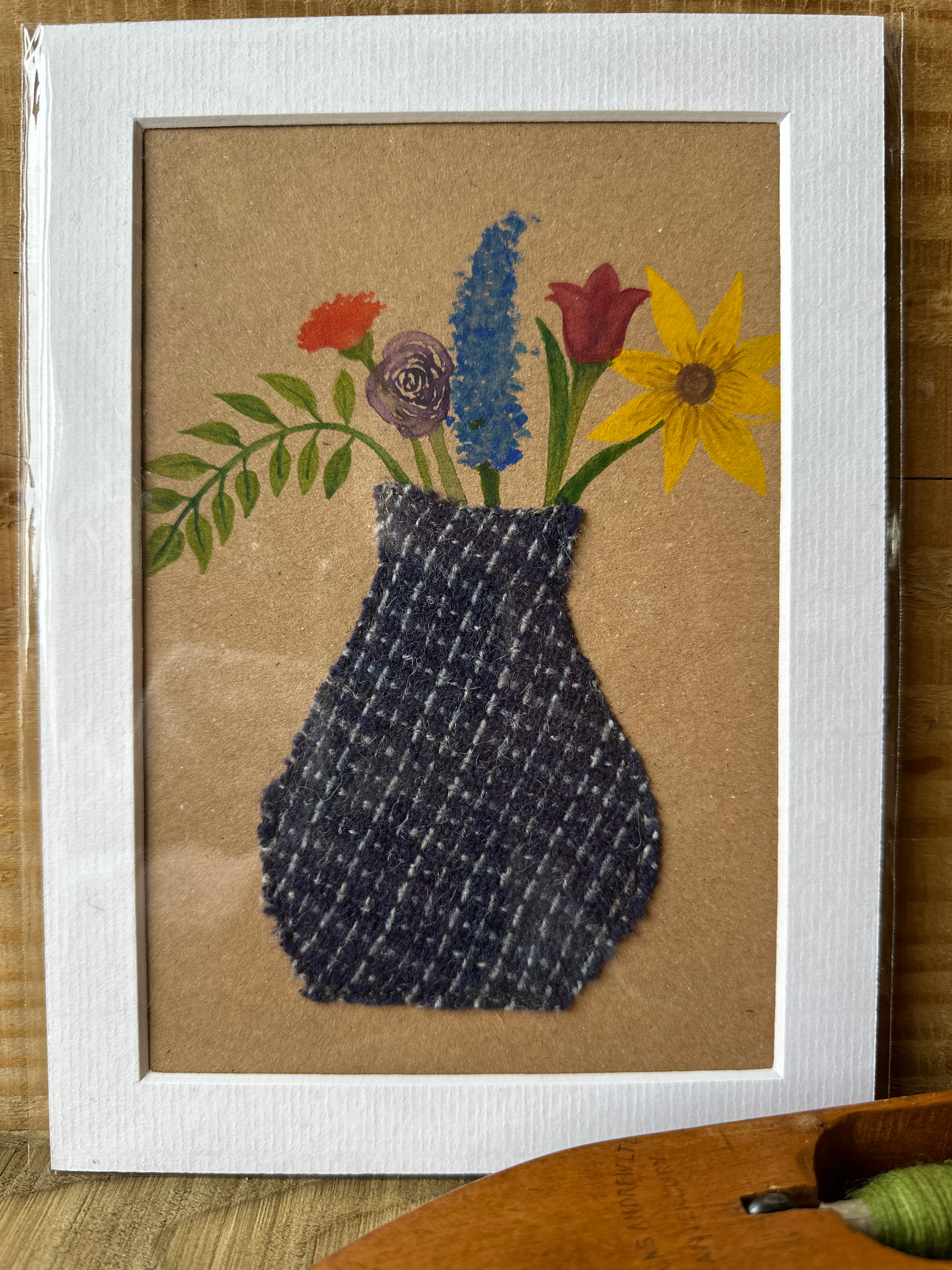 Blue Mini Check Vase of Flowers - Mounted Original Artwork with British Wool Fabric Remnants and Watercolour Details
