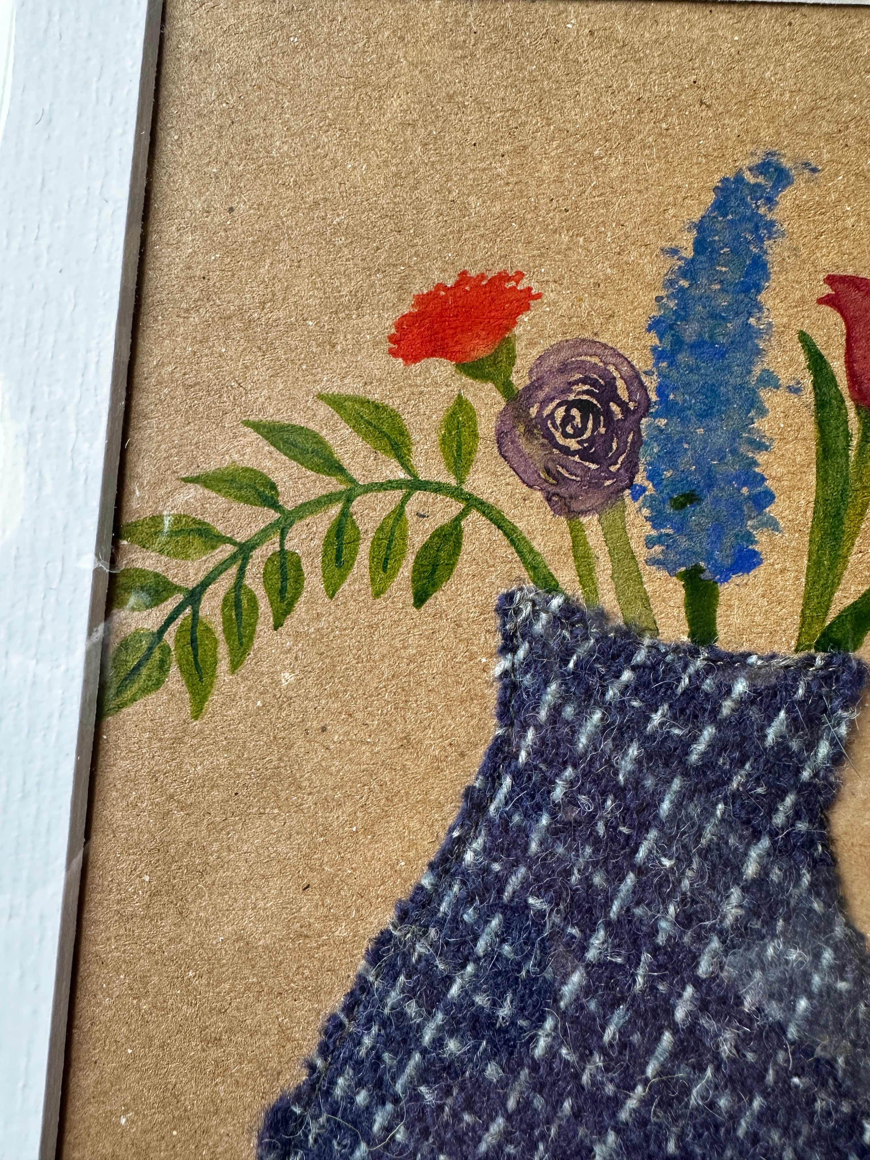 Blue Mini Check Vase of Flowers - Mounted Original Artwork with British Wool Fabric Remnants and Watercolour Details